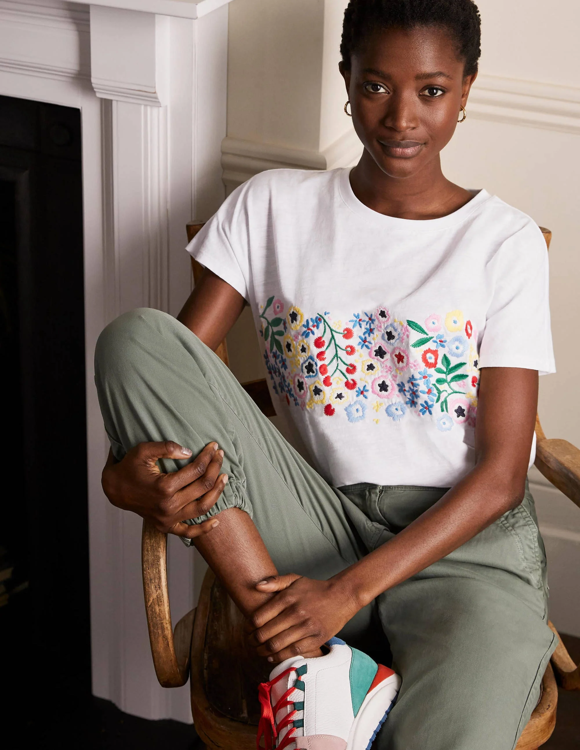 Lena Embroidered Jersey Tee-White, Multi Floral Embroidery - Image 2