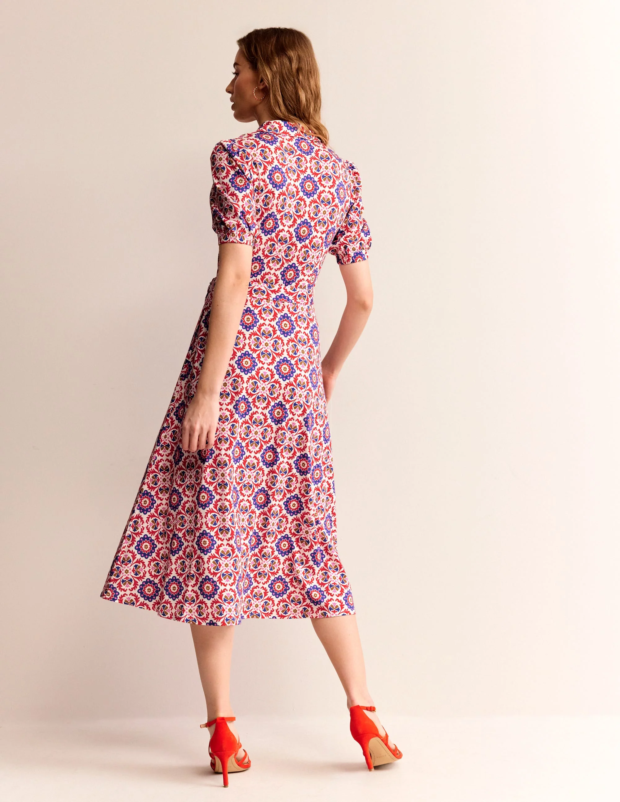 Libby Jersey Midi Shirt Dress-Rubicondo, Mosaic Bloom - Image 3