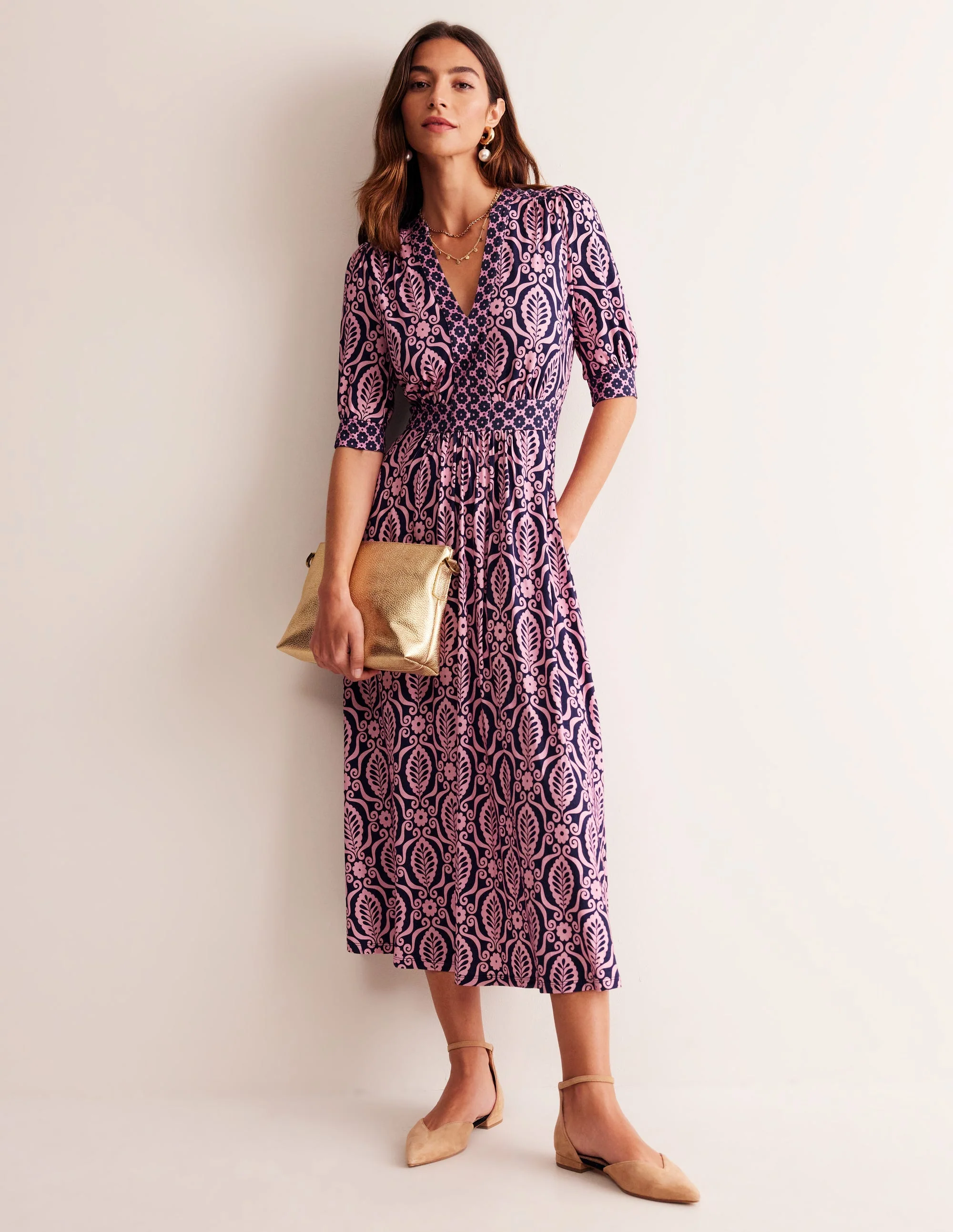 Lily Jersey Midi Tea Dress-Old Rose, Foliage Stamp