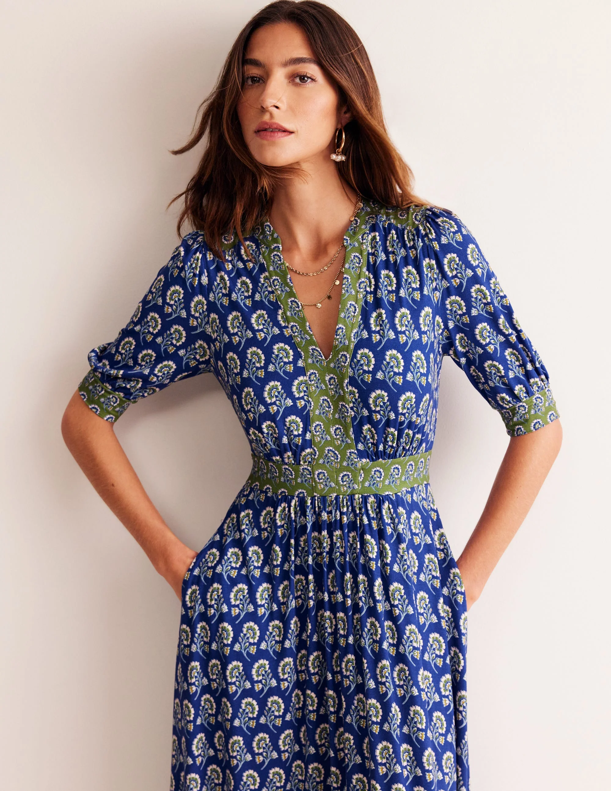 Lily Jersey Midi Tea Dress-Sapphire Blue, Azalea Sprig