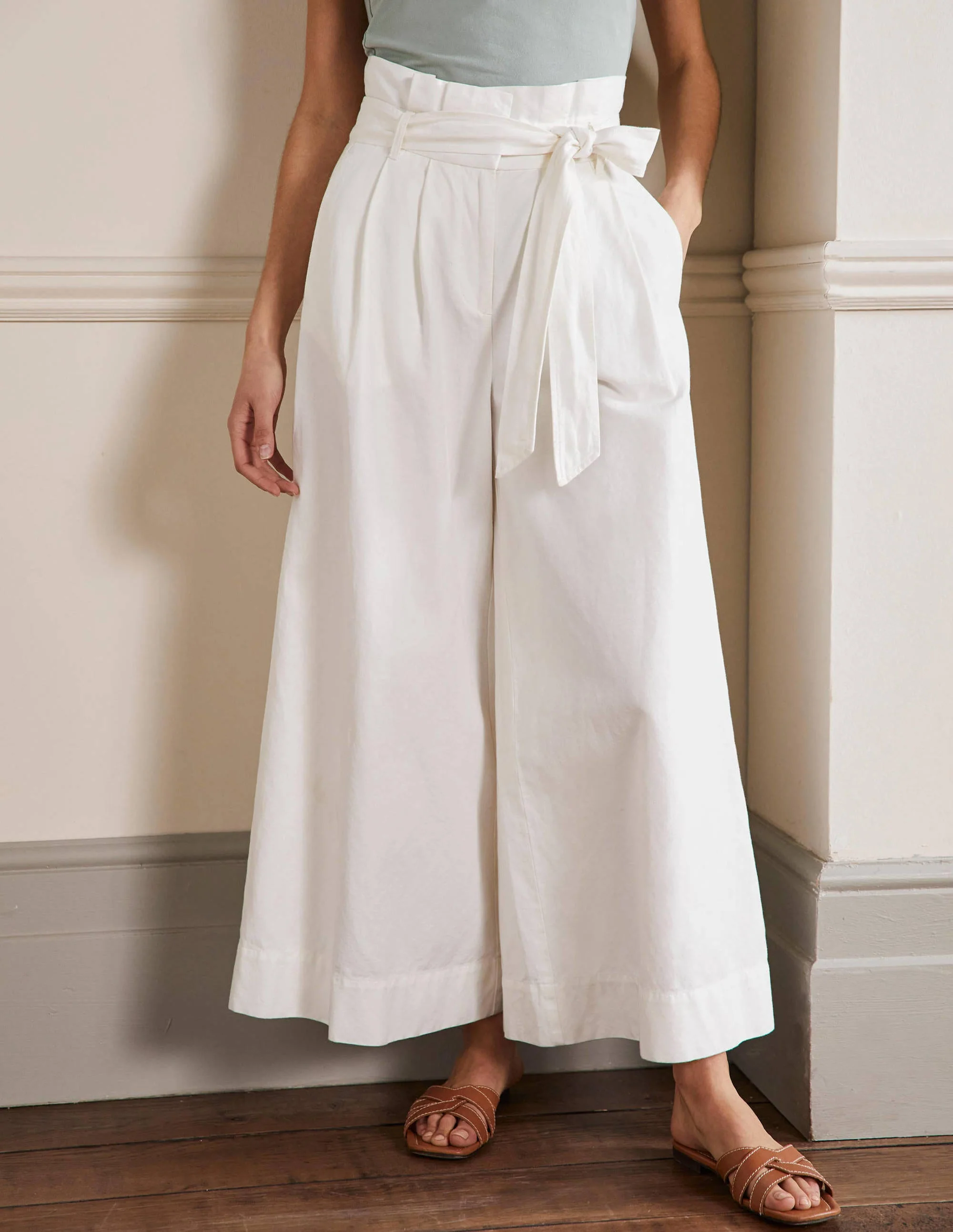 Linen Blend Wide Leg Culottes-White - Image 4