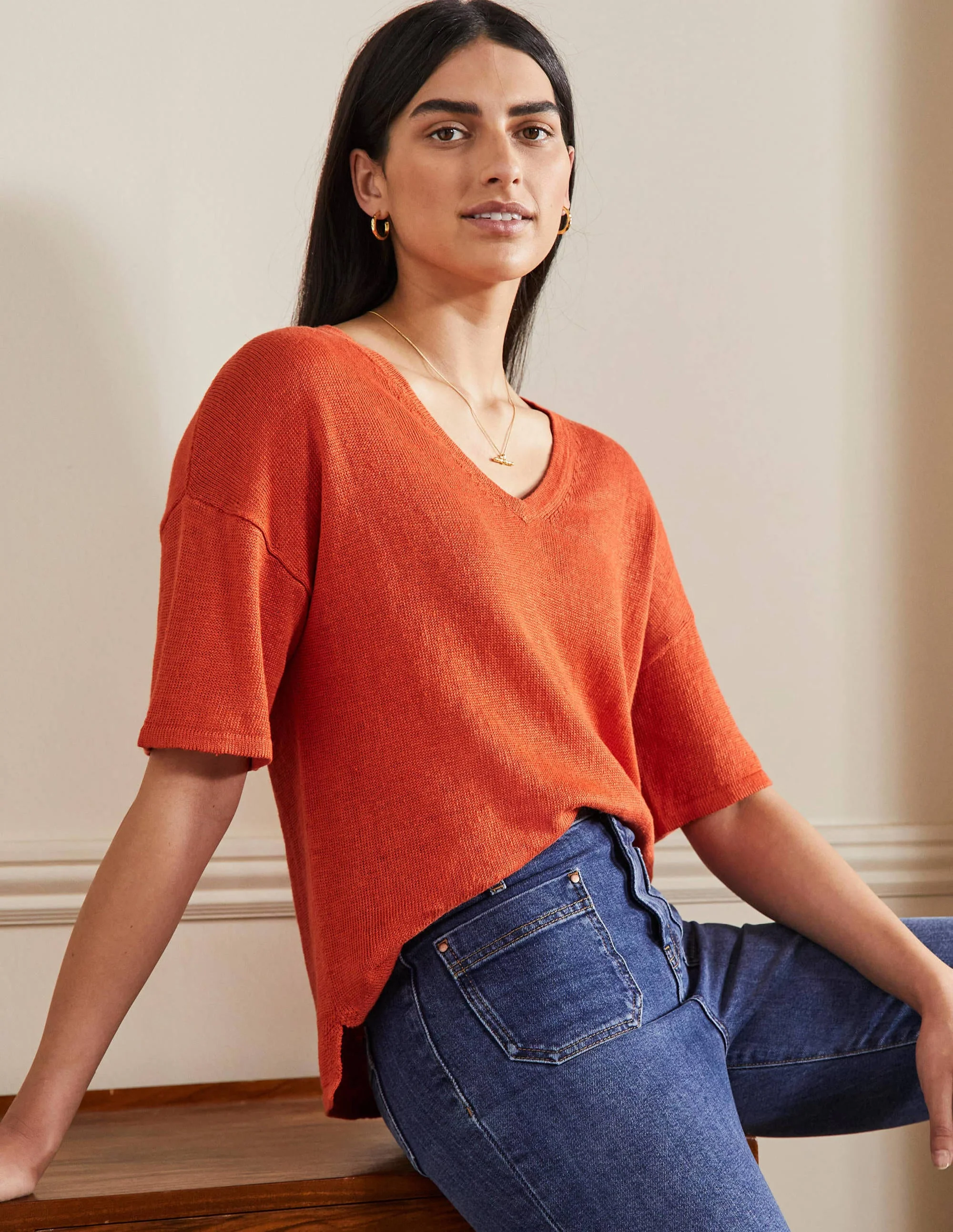 Linen Knitted T-shirt-Bright Papaya - Image 4
