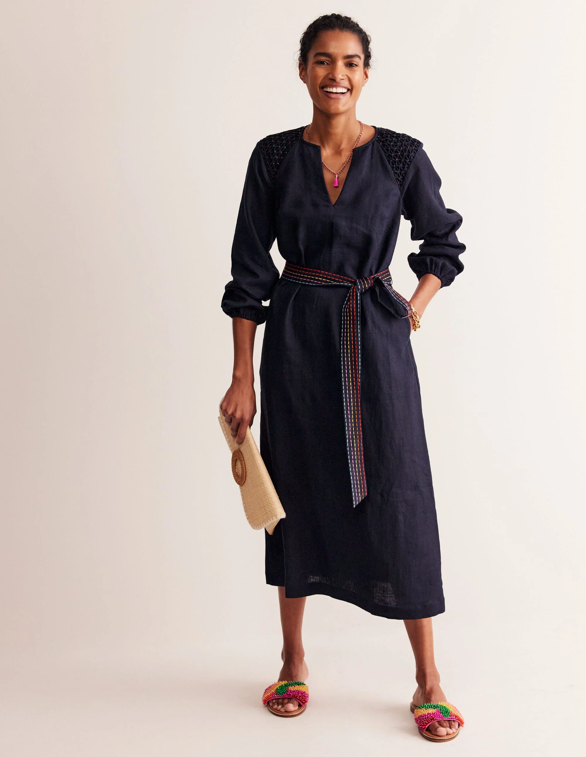 Linen Midi Smocked Dress-Navy - Image 4