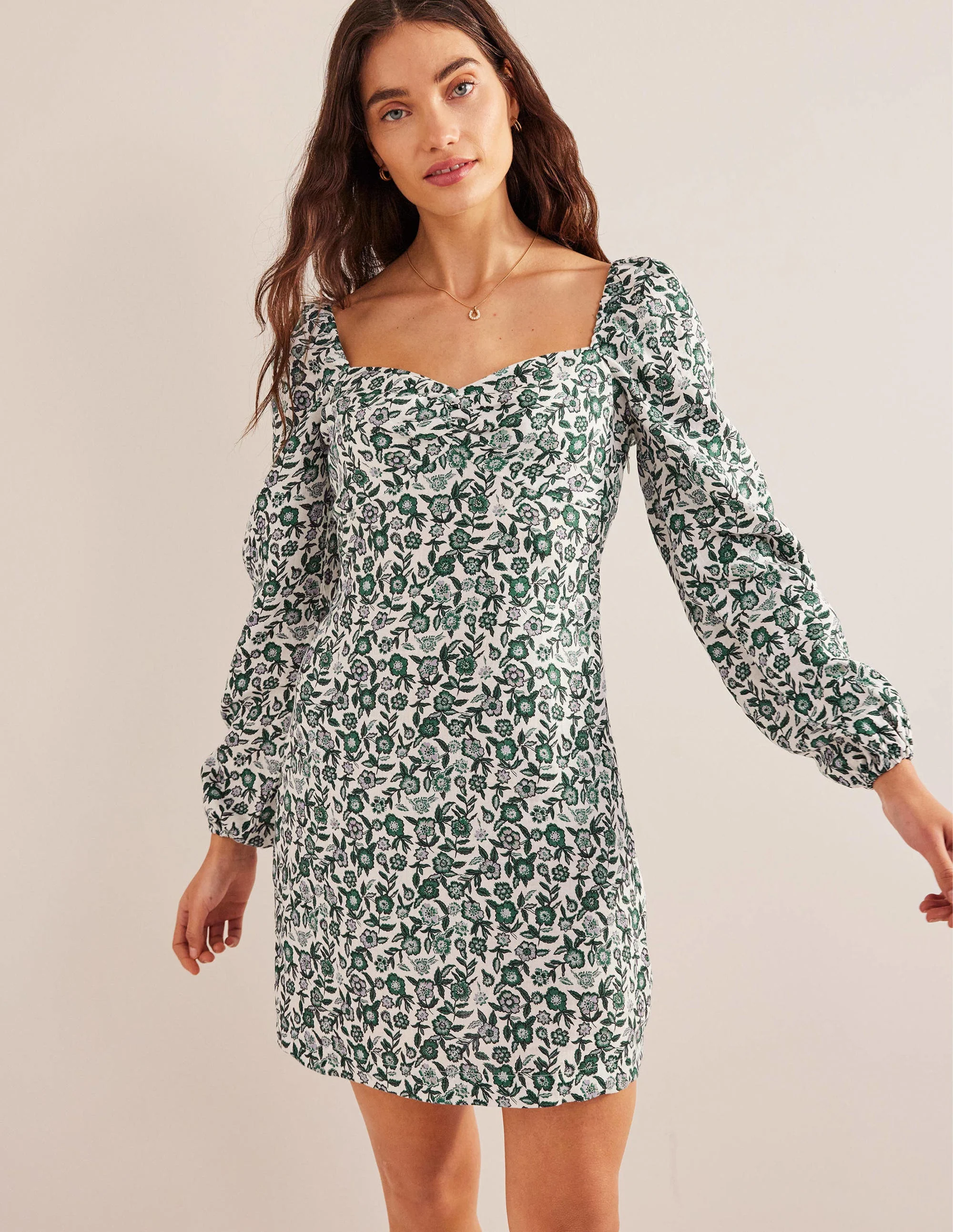 Linen Mini Shift Dress-Bottle Green, Pansy Bloom - Image 4