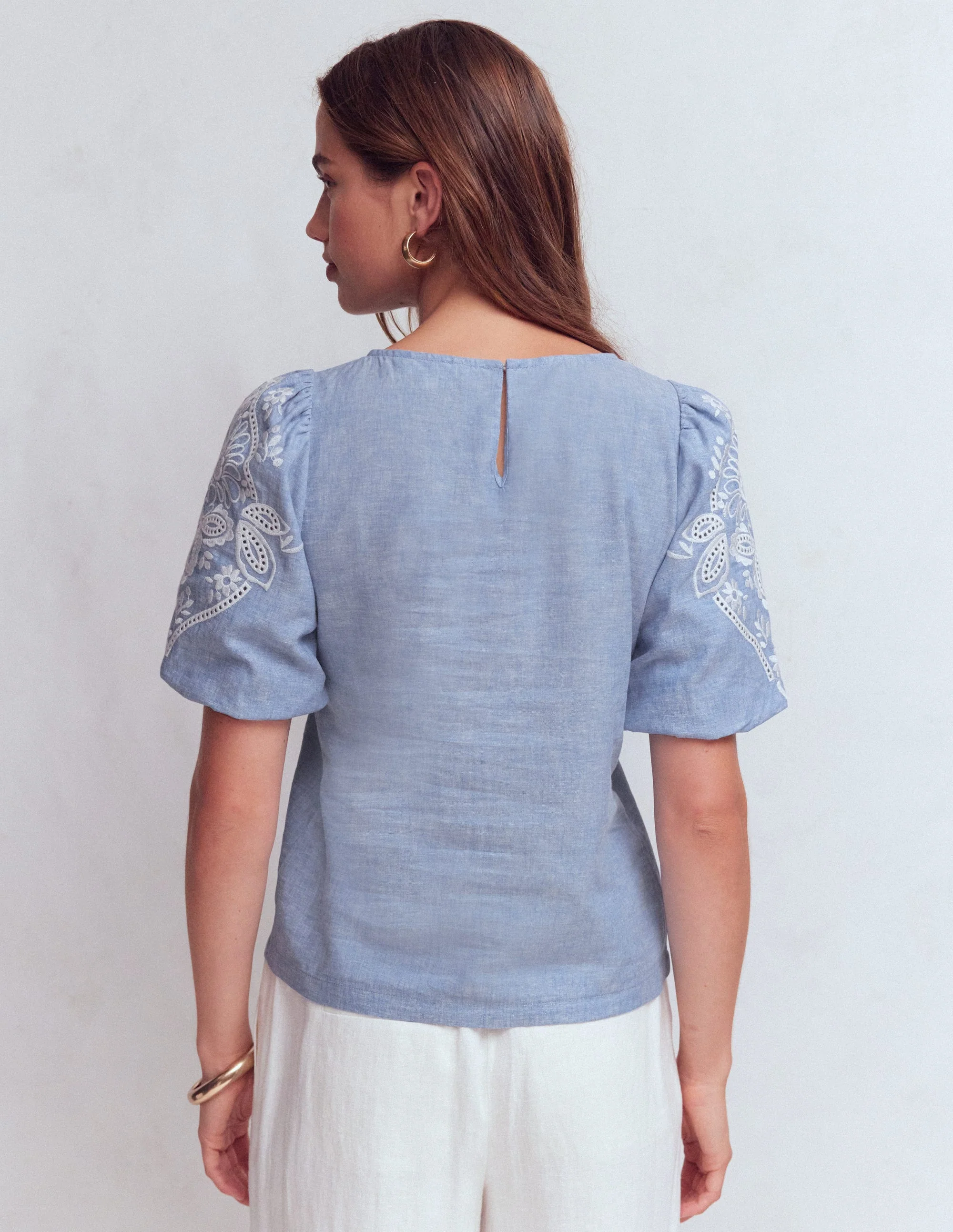 Linen Puff Sleeve Top-Chambray - Image 3
