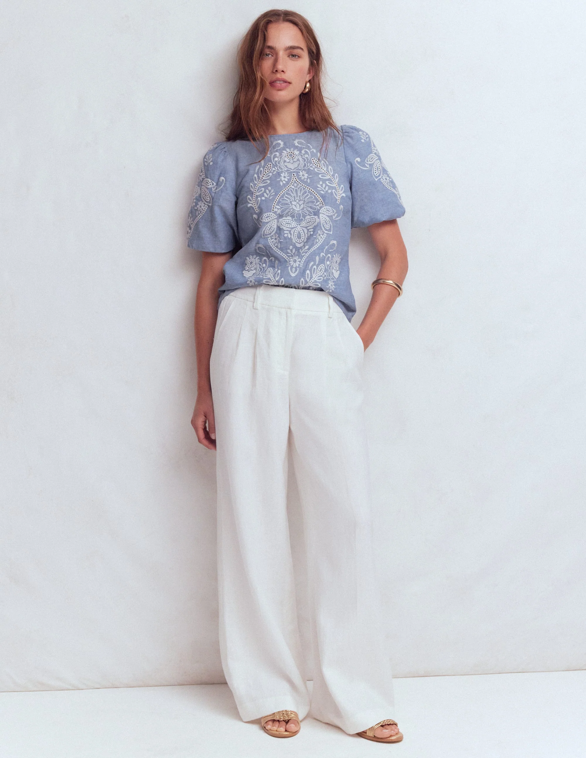 Linen Puff Sleeve Top-Chambray - Image 4