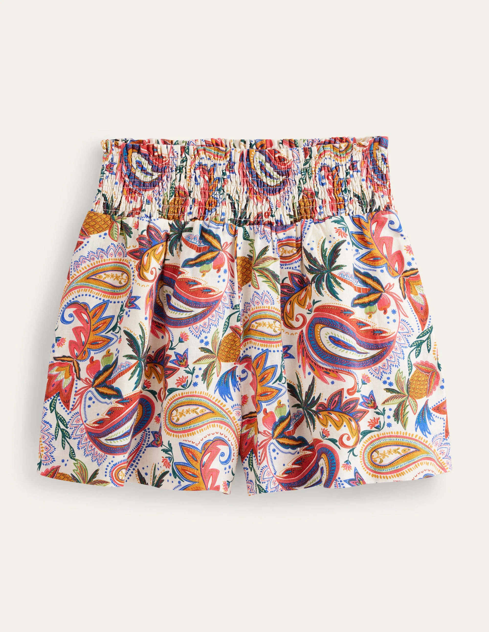 Linen Shirred Waist Shorts-Ivory Conversational Print - Image 6