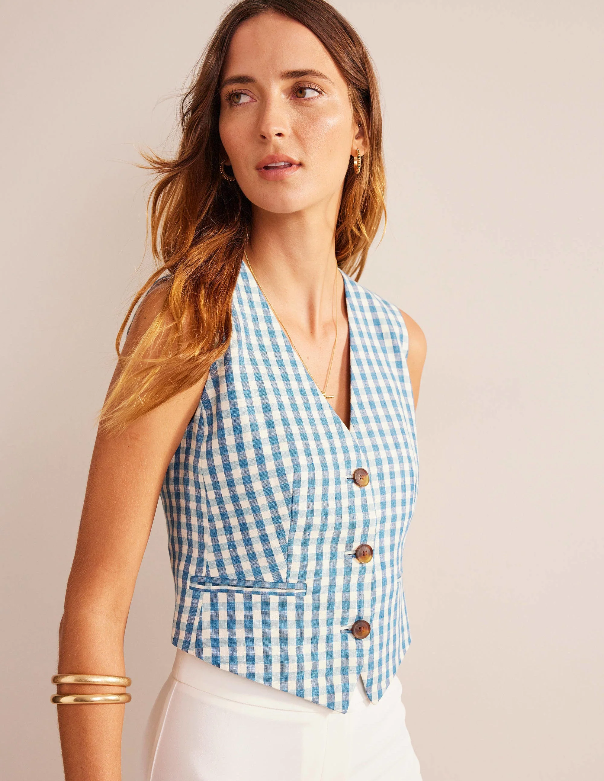 Linen V-Neck Waistcoat-Blue and White Gingham