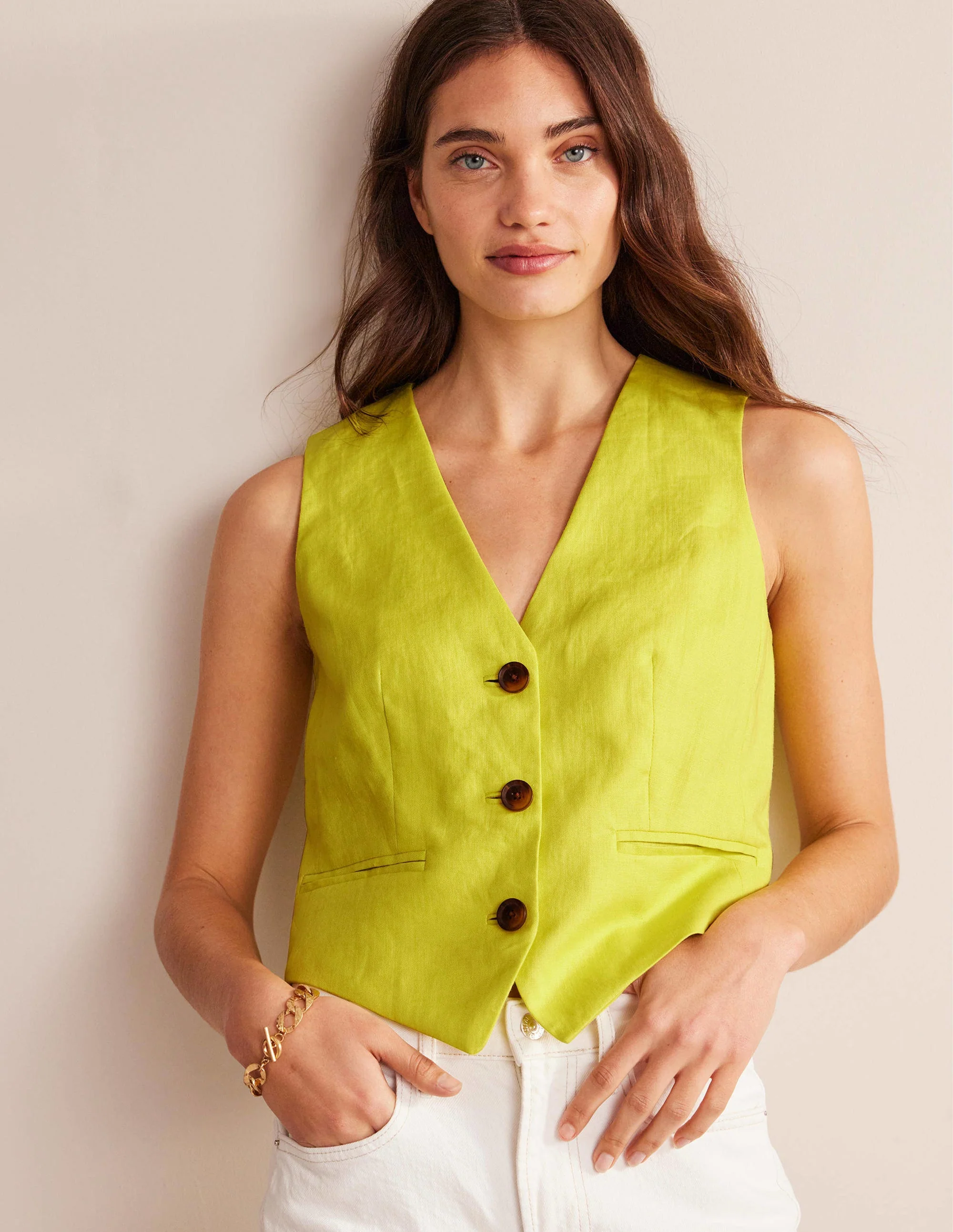 Linen V-Neck Waistcoat-Citrus