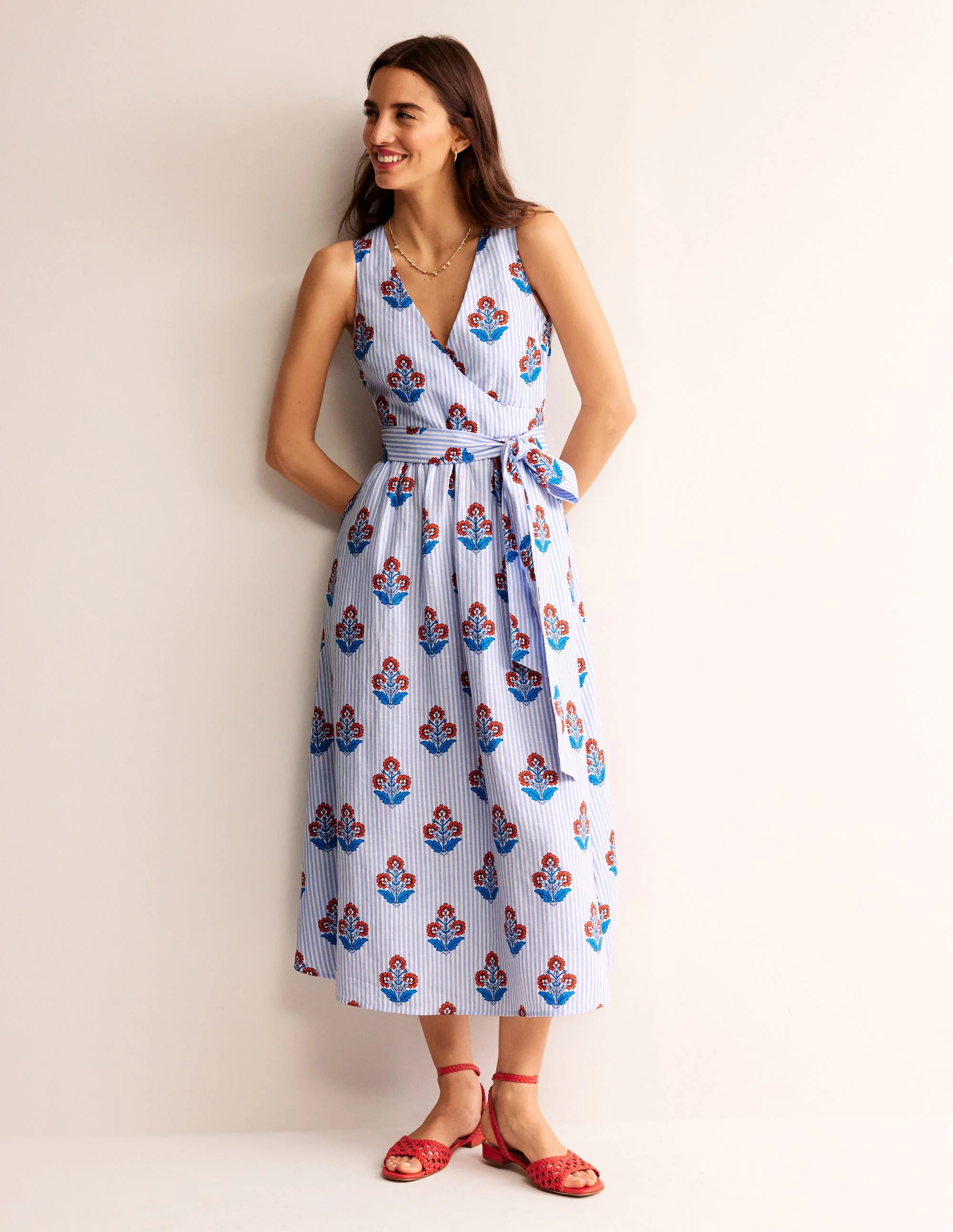 Linen Wrap Midi Dress-Mandarin Orange, Floret Stem - Image 2