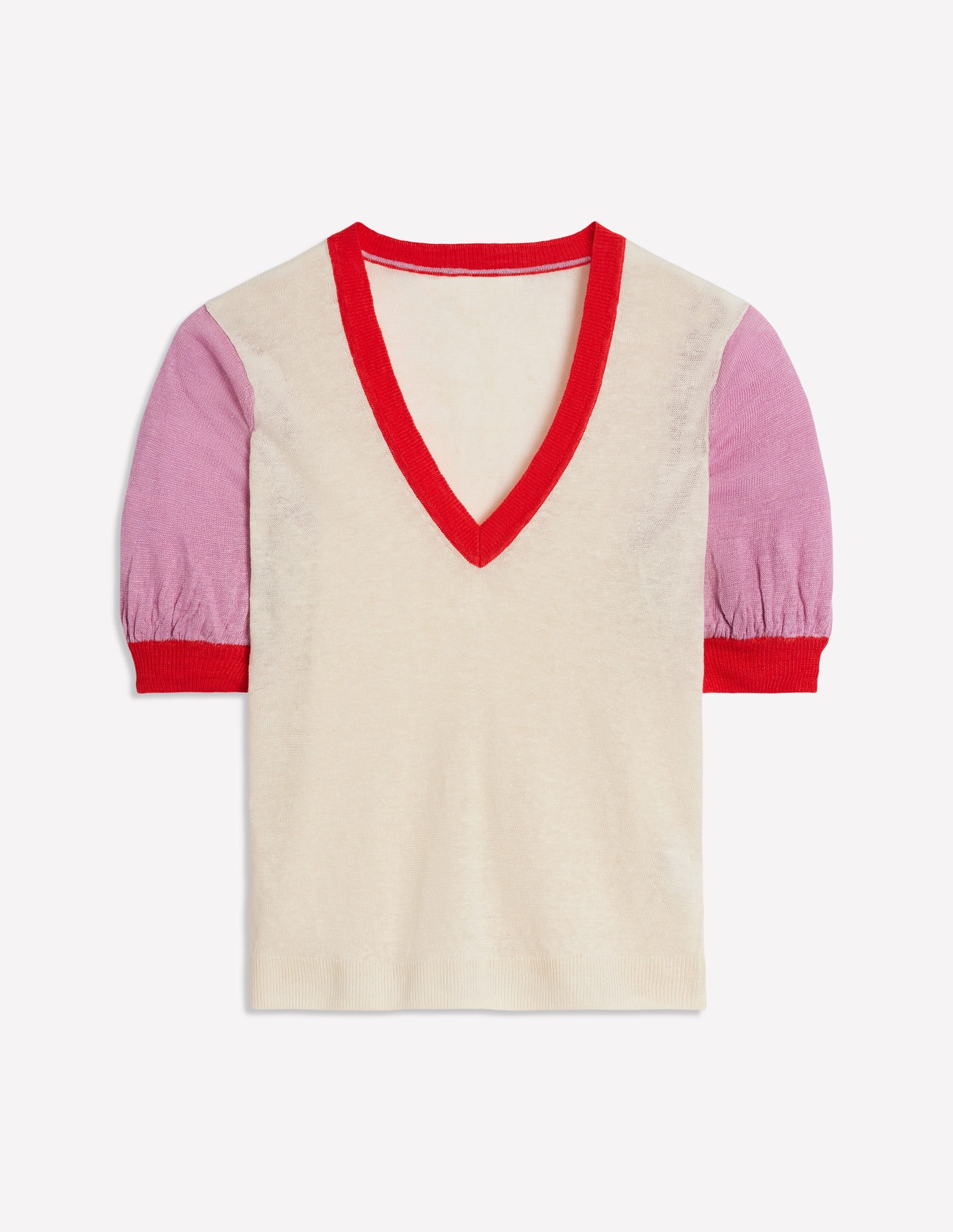 Liv V-Neck Linen T-Shirt-Warm Ivory/ Soft Lavender Pink - Image 7