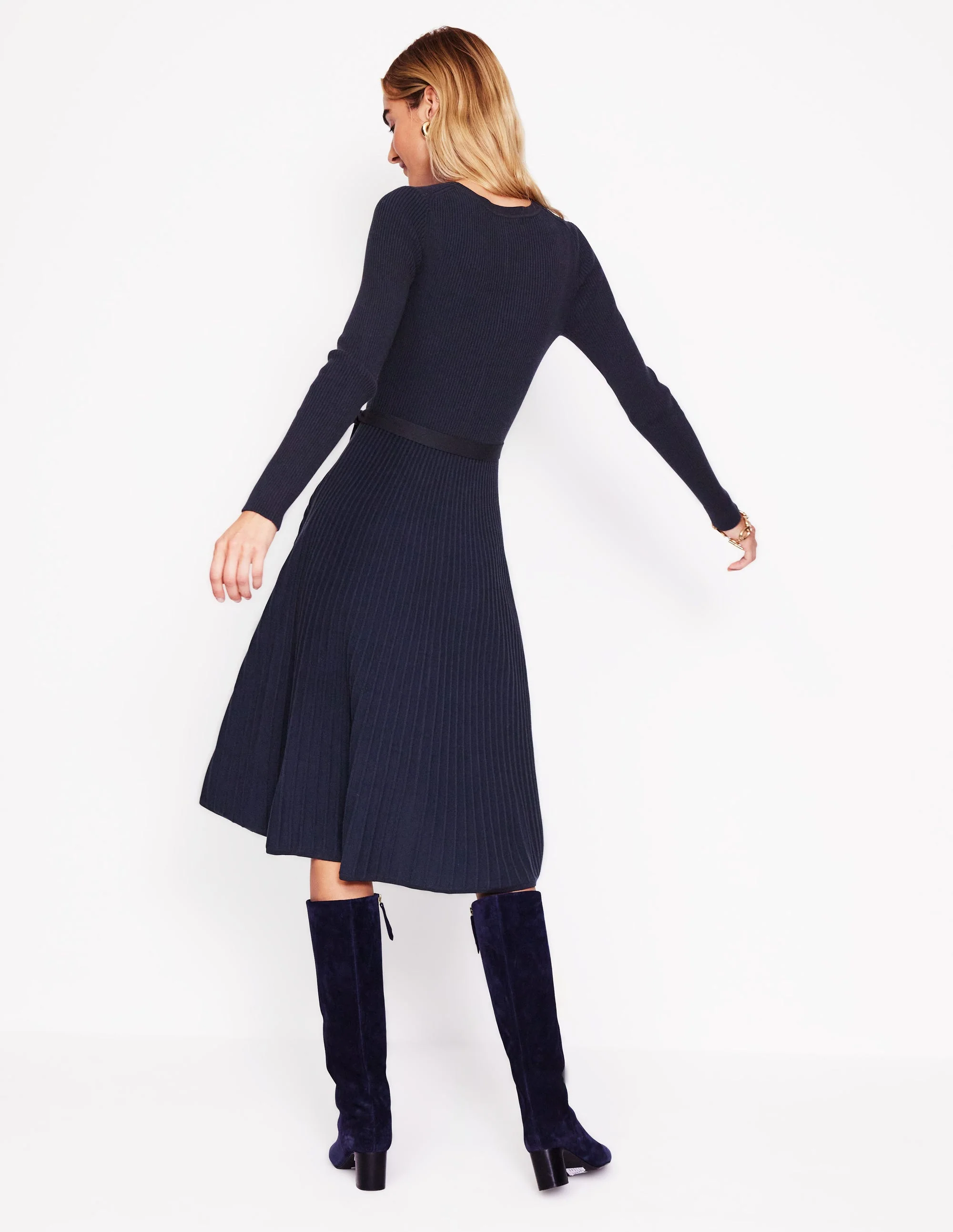 Lola Knitted Midi Dress-Navy, Black Plated - Image 3