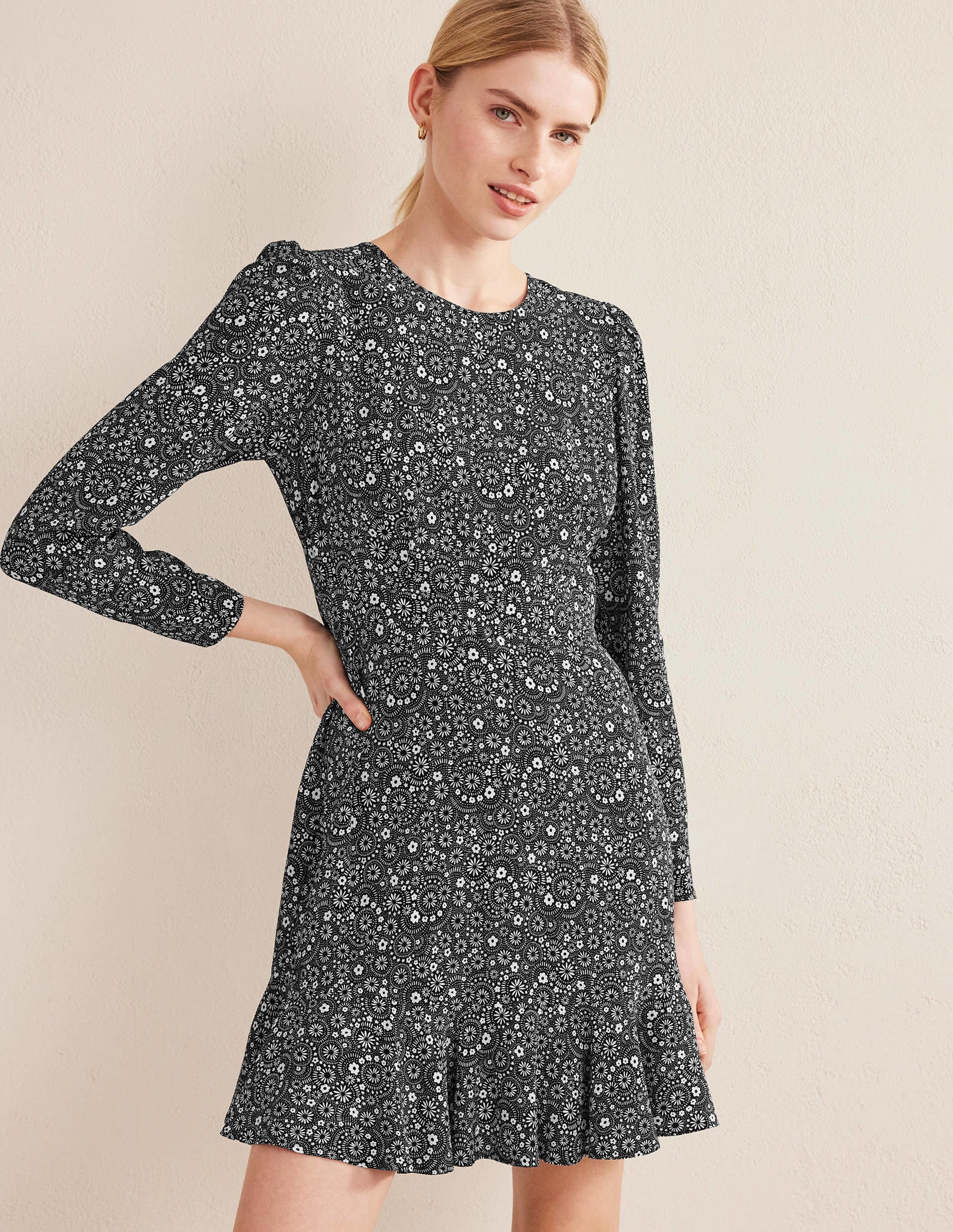 Long Sleeve Flippy Mini Dress-Black, Rose Pop