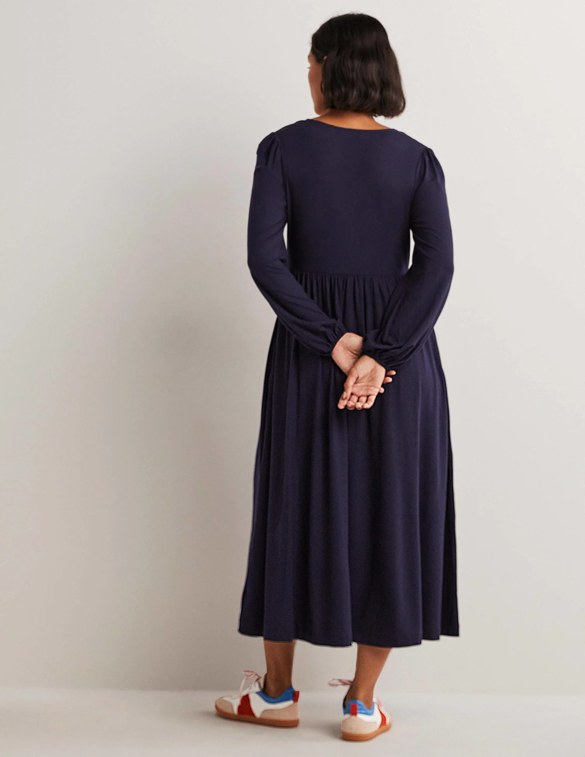 Long Sleeve Jersey Midi Dress-Navy - Image 3