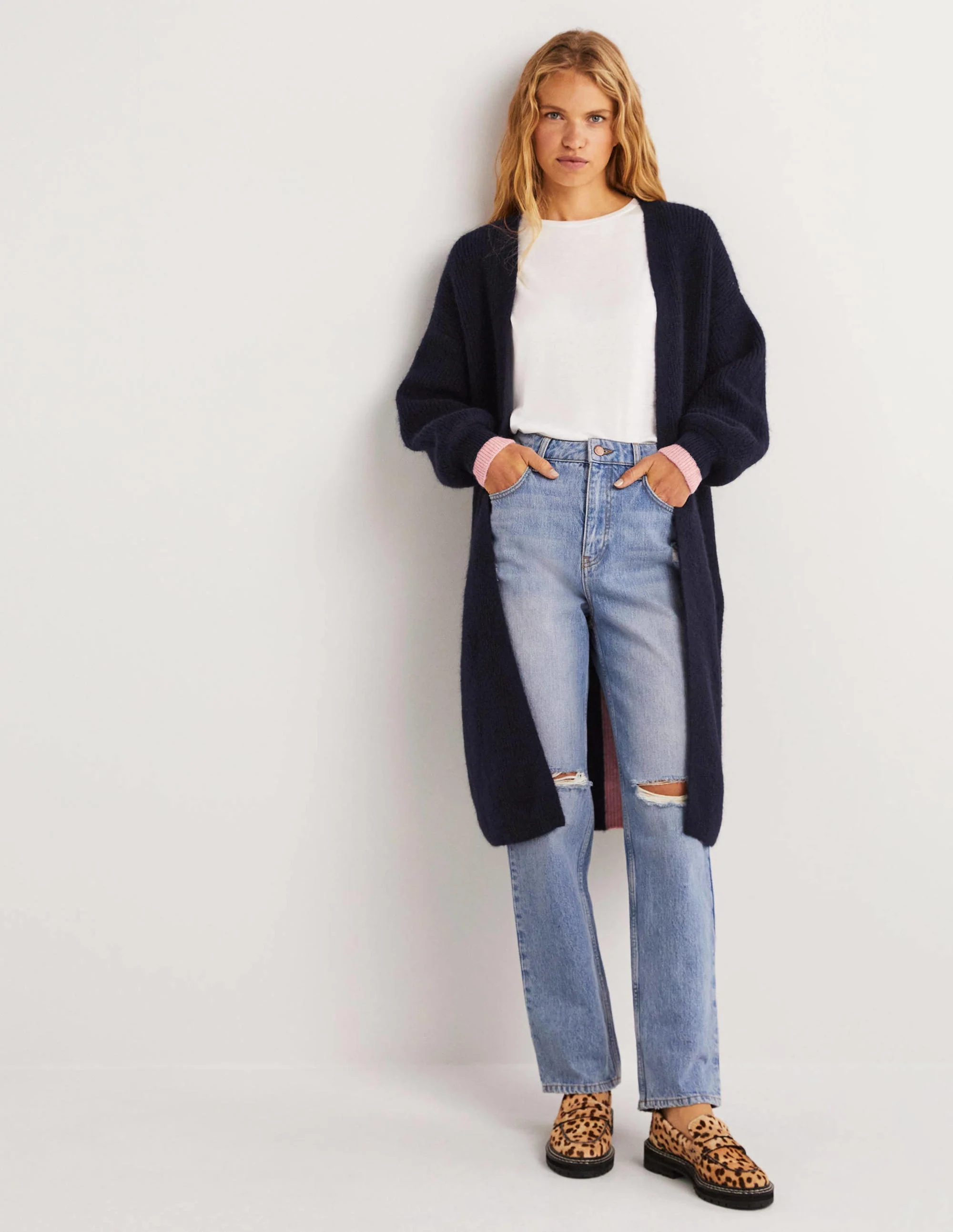 Longline Fluffy Cardigan-Navy, Pink Frosting - Image 2