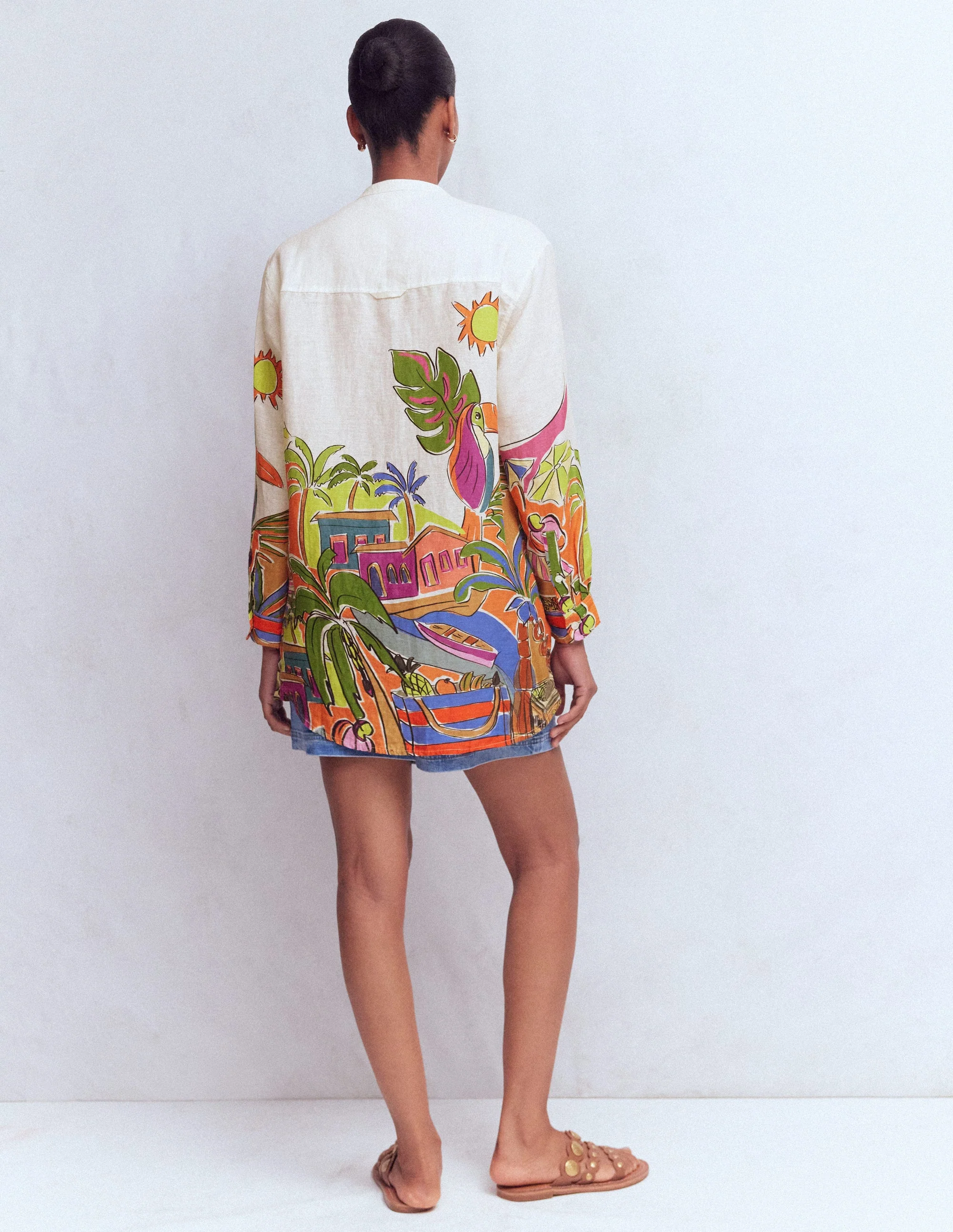 Longline Linen Shirt-Multi, Tropical Village - Image 3