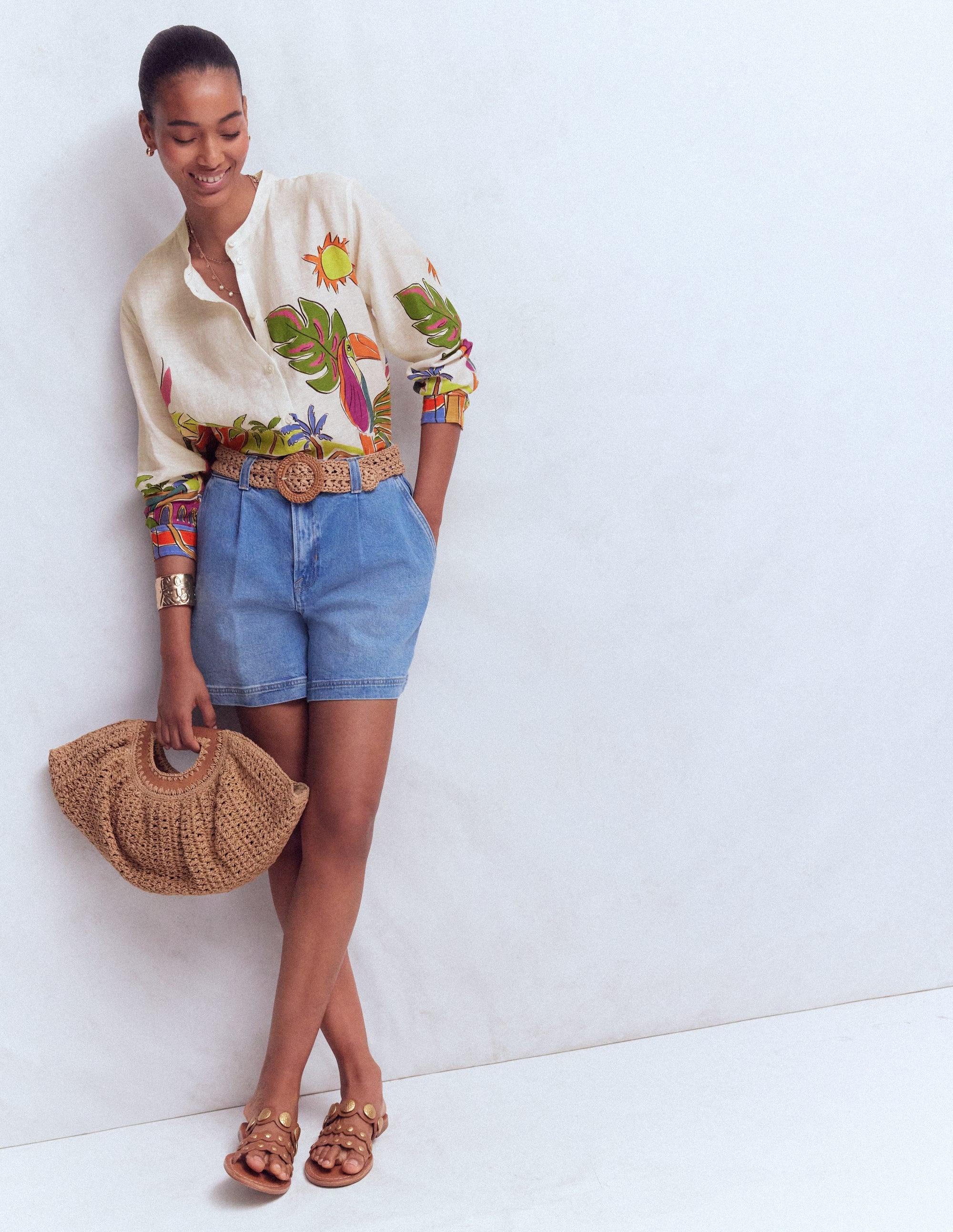 Longline Linen Shirt-Multi, Tropical Village - Image 4