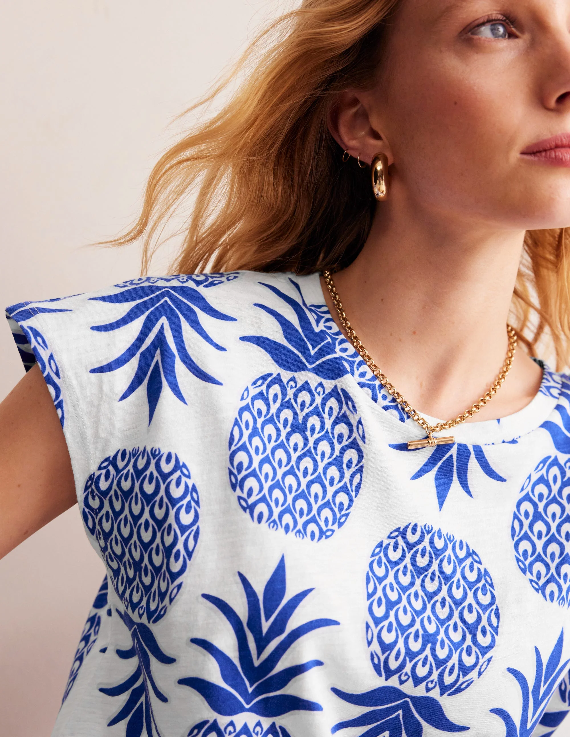 Louisa Printed Slub T-Shirt-Surf The Web, Pineapple Pop - Image 2