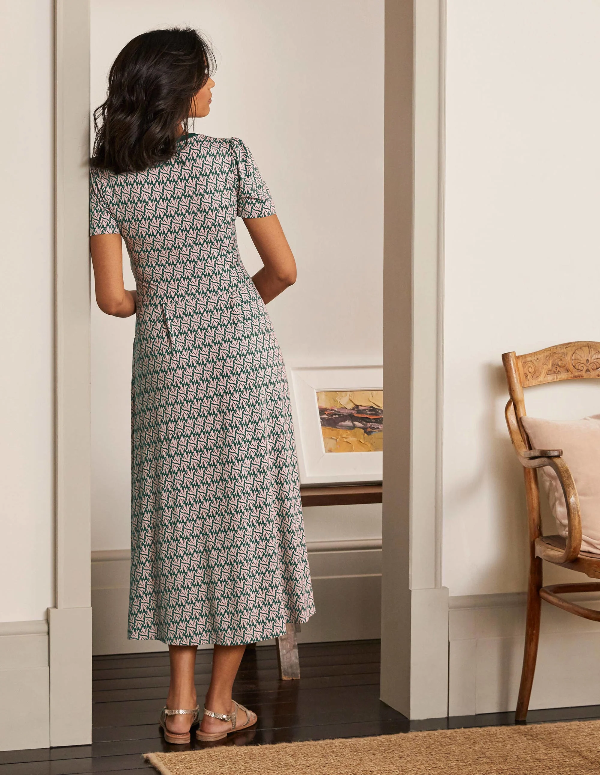 Lucinda Jersey Midi Dress-Palm Leaf, Swaying Coral - Image 3