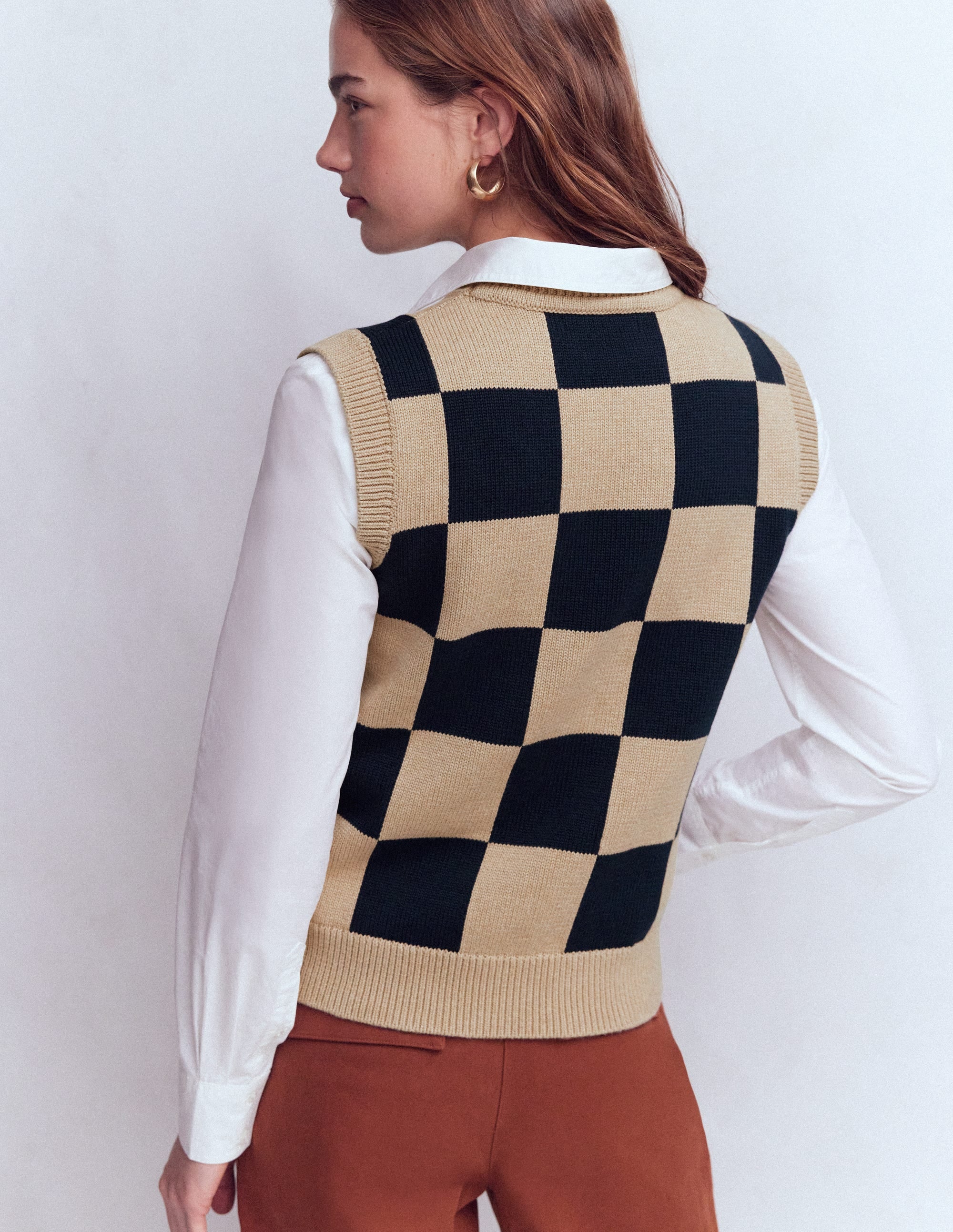Lucy Cotton Vest-Camel / Navy Check - Image 3