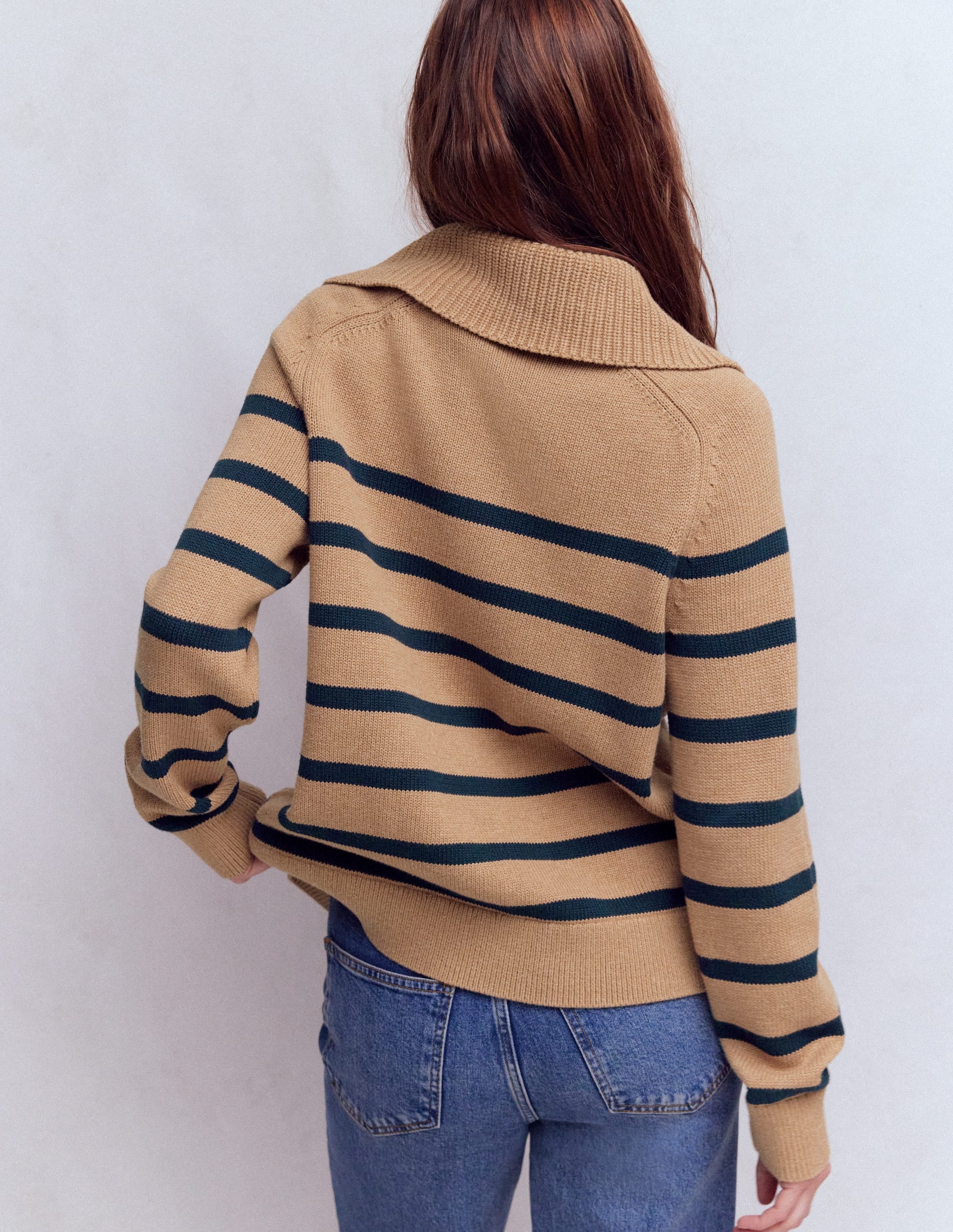 Lucy Half Zip Sweater-Camel Melange, Navy Stripe - Image 3