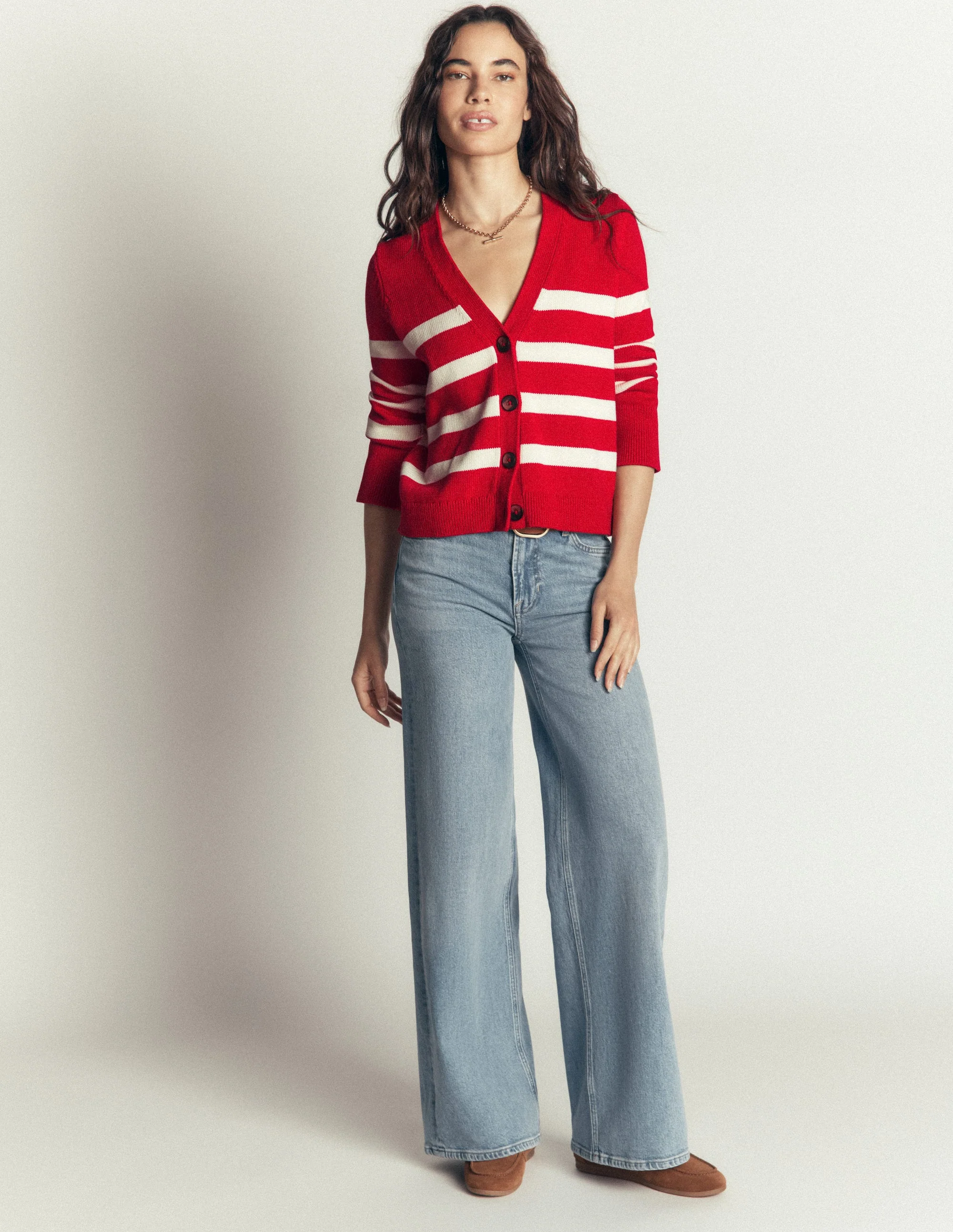 Lucy Relaxed Cotton Cardigan-Merida Red, Ivory Stripe - Image 4