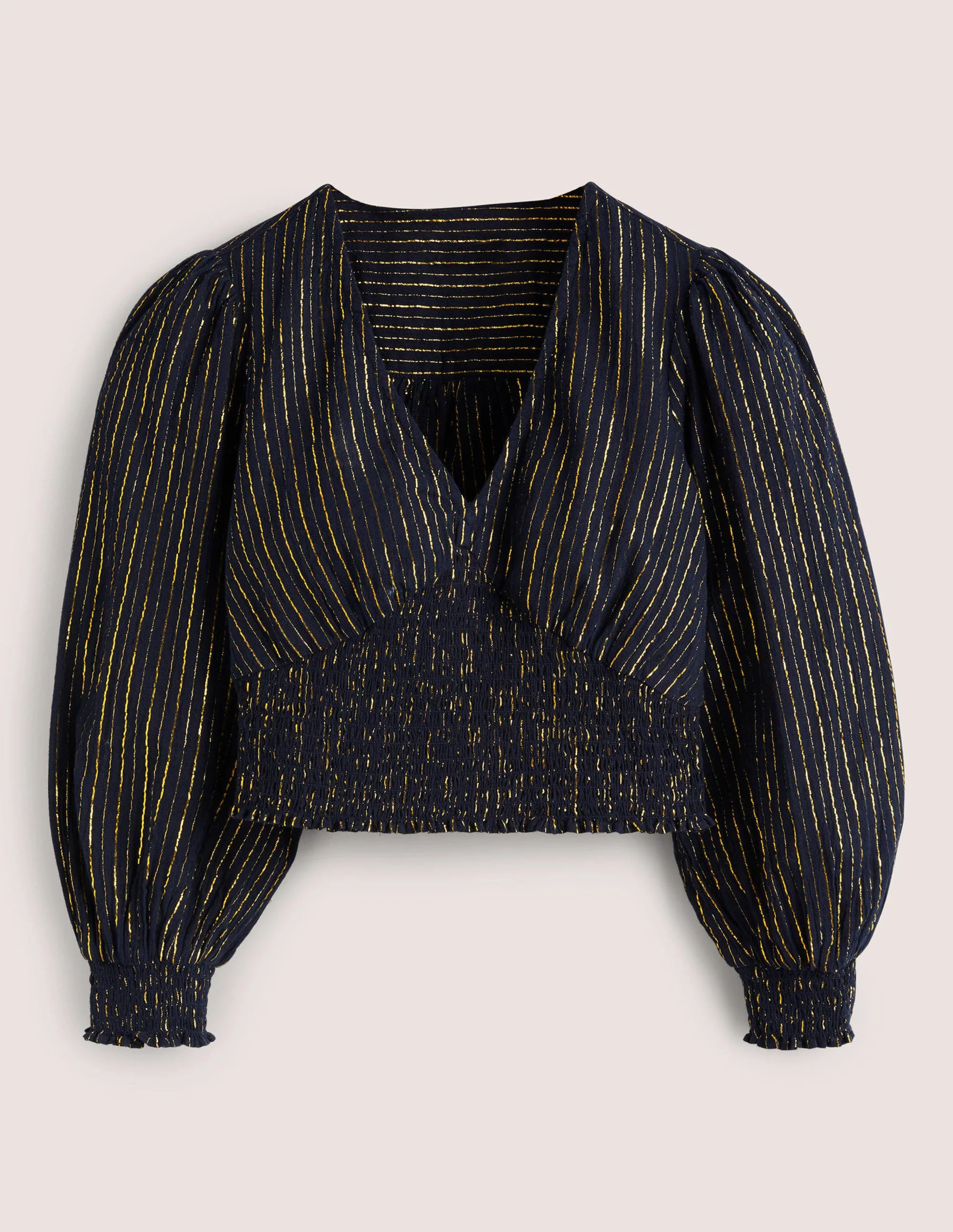 Lurex Smocked Crop Top-Navy, Lurex Stripe - Image 5