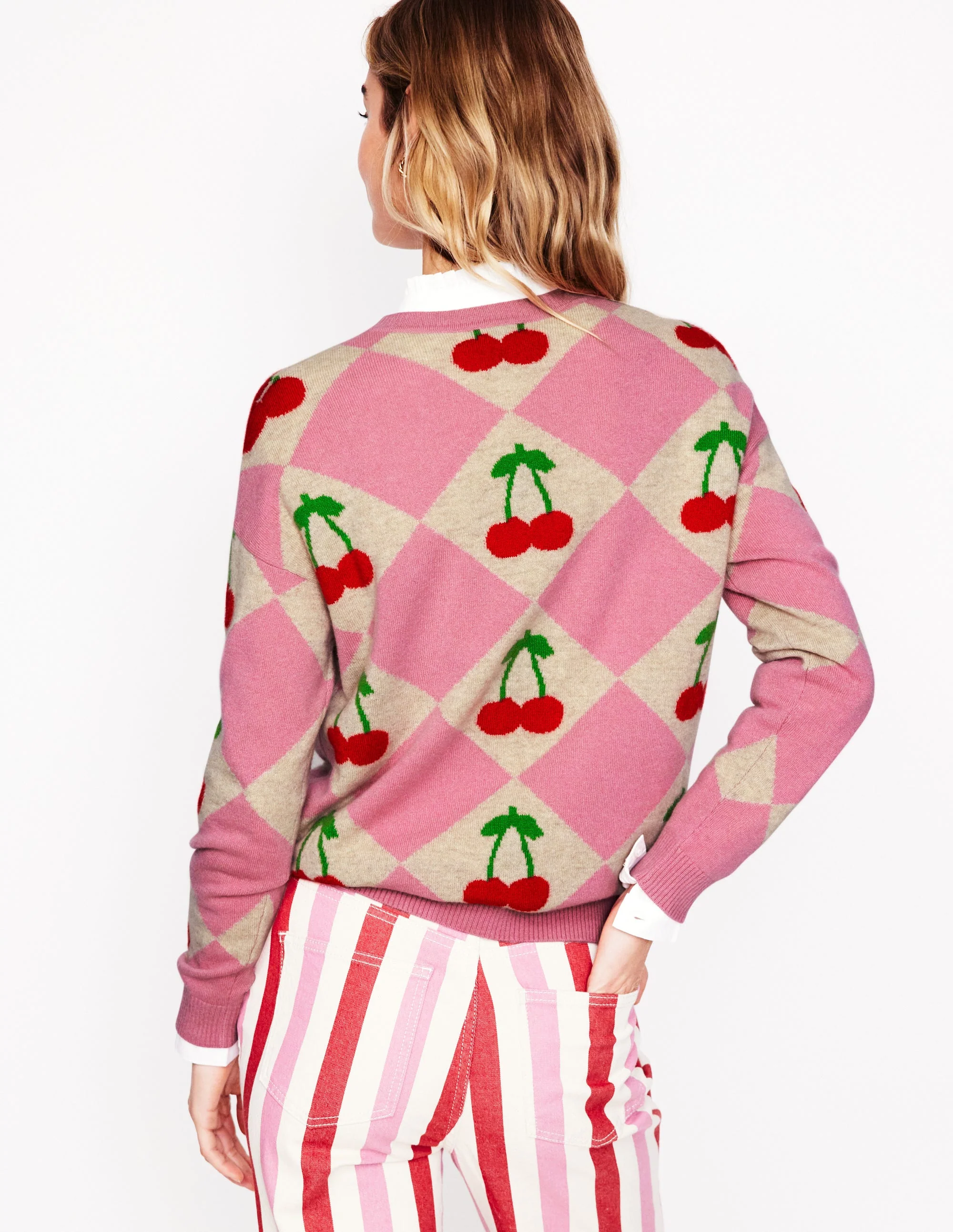 Lydia Cashmere Jumper-Pink, Cherry Argyle - Image 4
