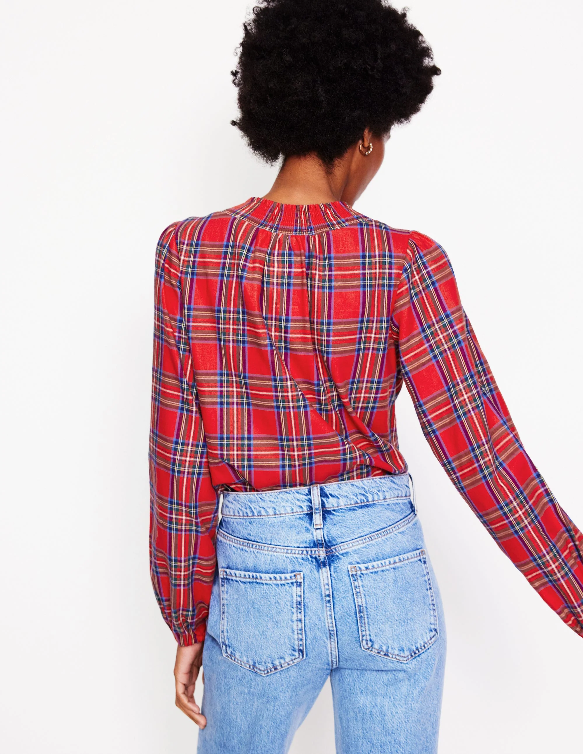 Mae Cotton Smocked Blouse-Red and Blue Check - Image 2