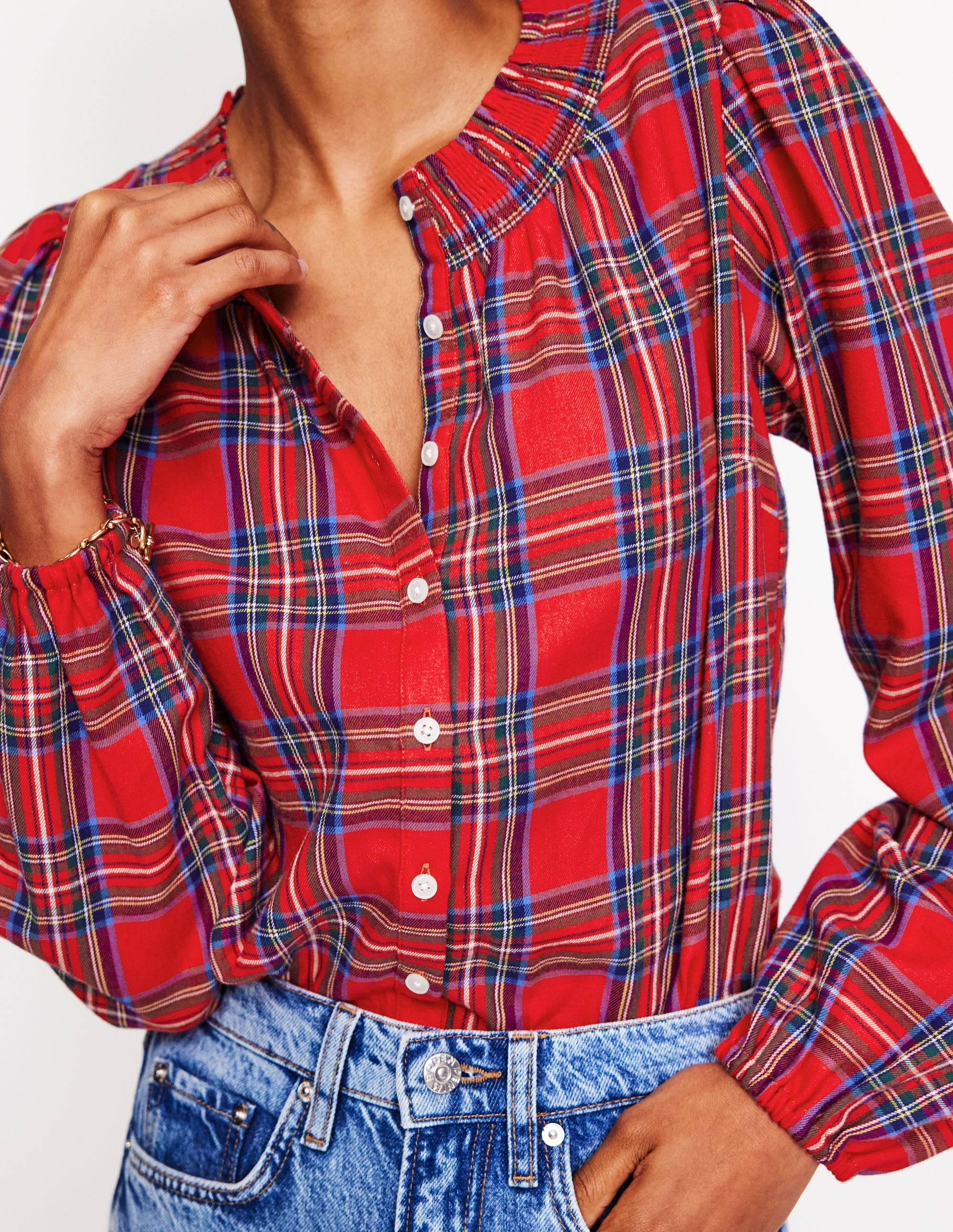 Mae Cotton Smocked Blouse-Red and Blue Check - Image 3