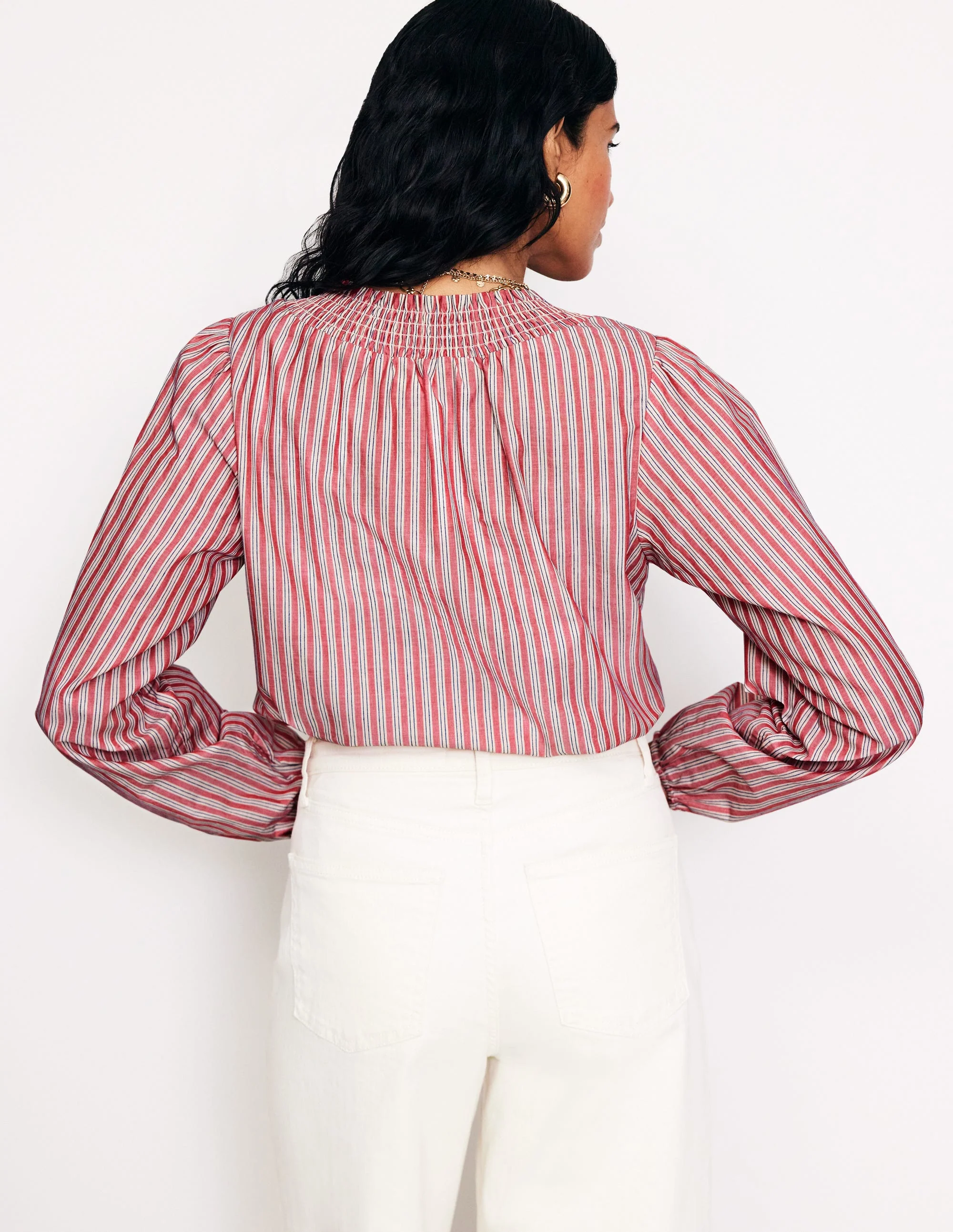 Mae Cotton Smocked Blouse-Red Stripe - Image 3
