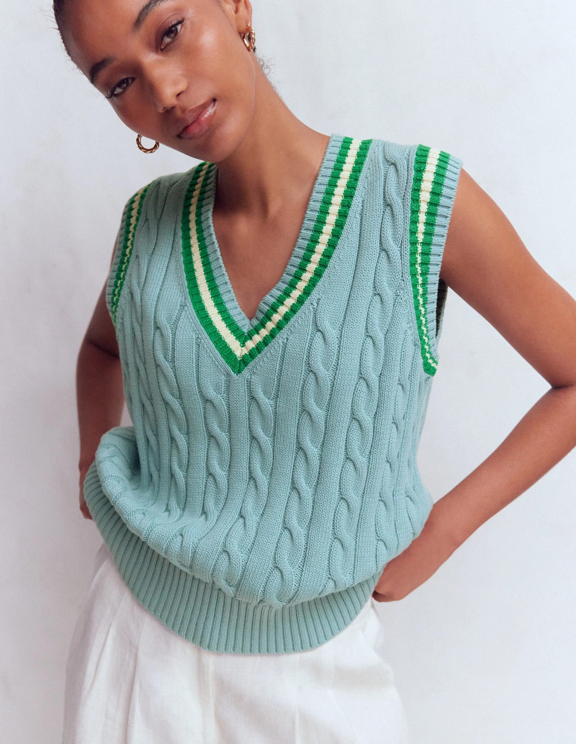 Maeve Cable V Neck Tank-Blue, Green - Image 5