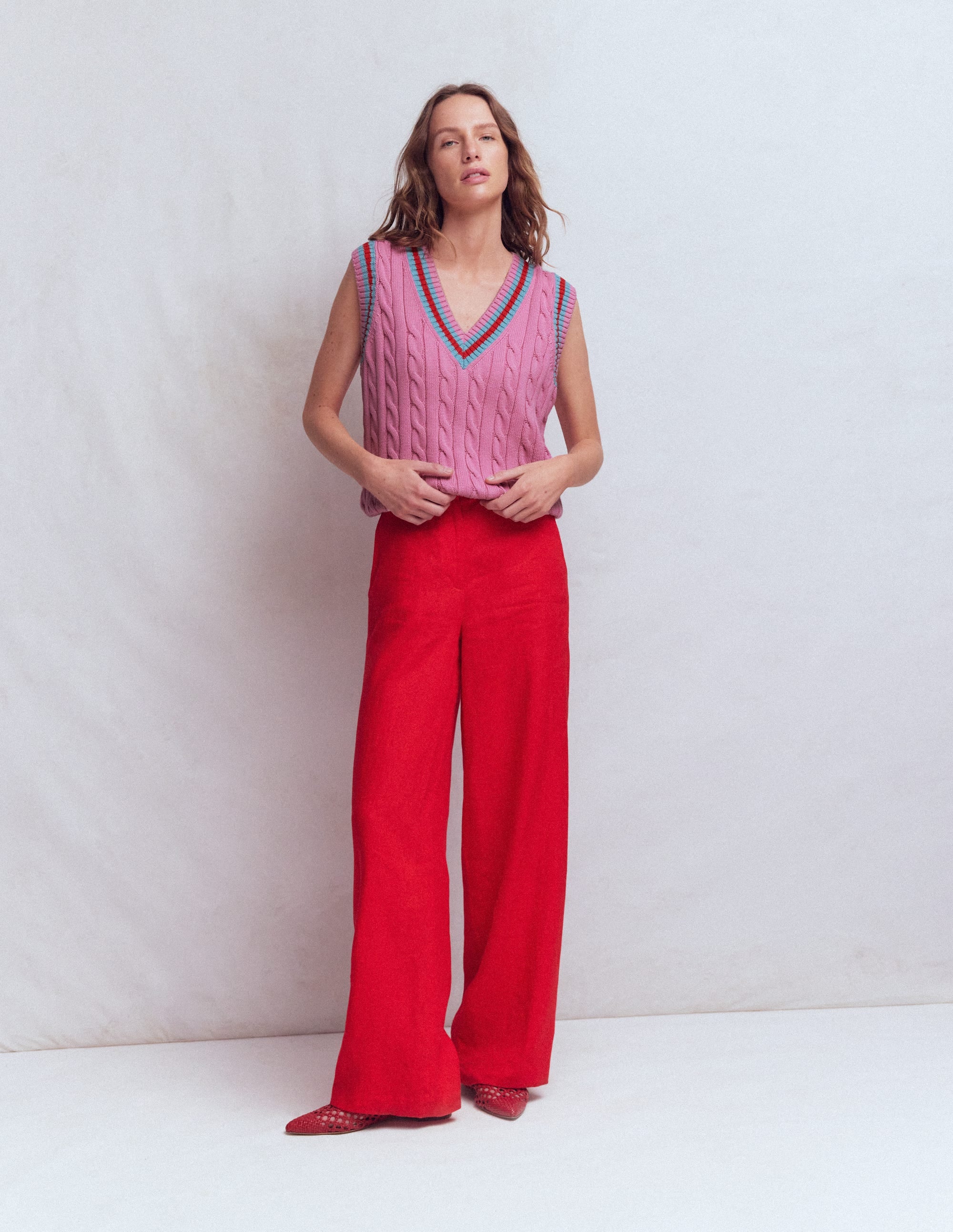Maeve Cable V Neck Tank-Pink, Red - Image 4