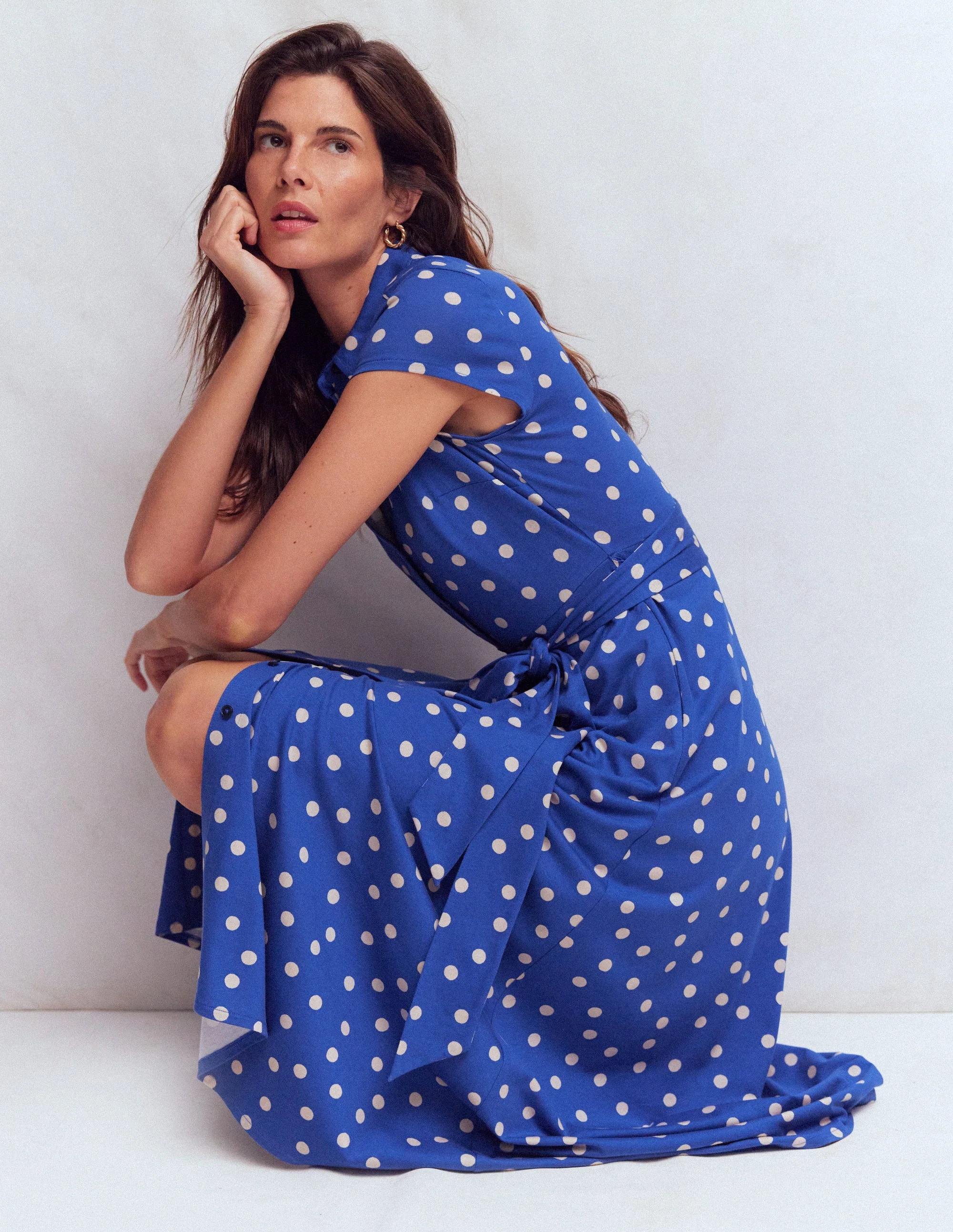 Marcia Jersey Shirt Dress-Bright Blue, Painted Dot - Image 4