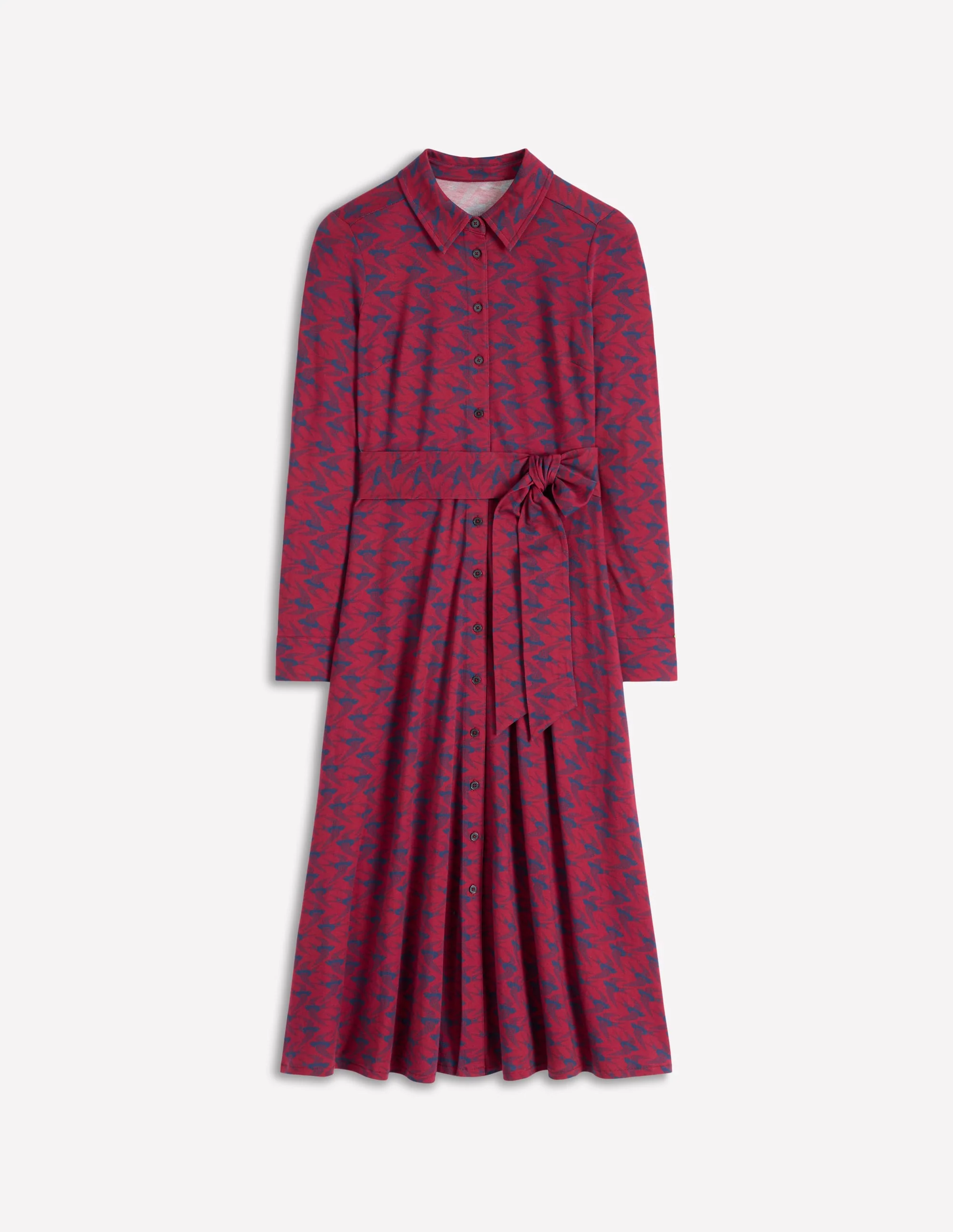 Marcia Jersey Shirt Dress-Burgundy Red, Swooping Swallow - Image 6