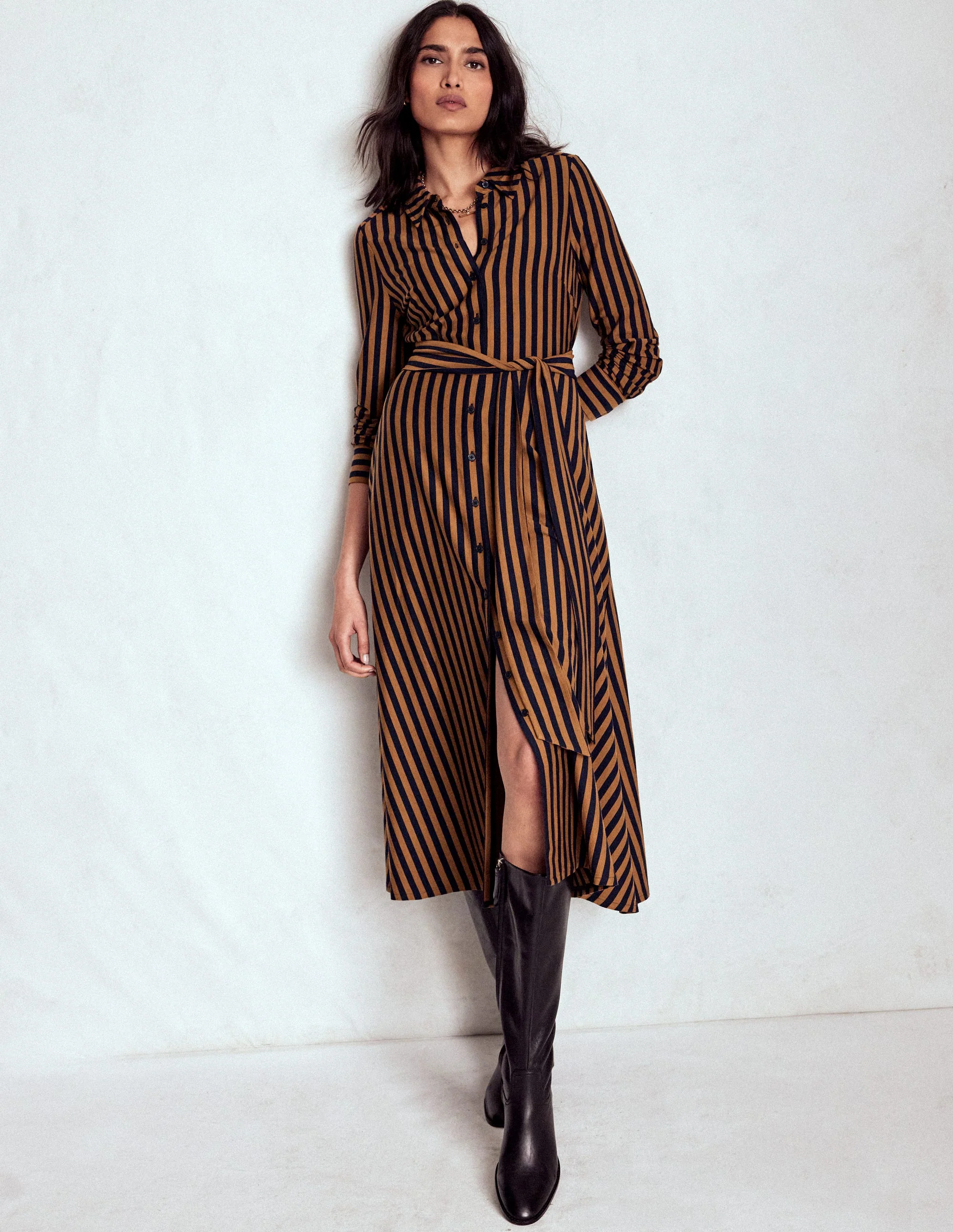 Marcia Jersey Shirt Dress-Gingerbread and Navy Stripe