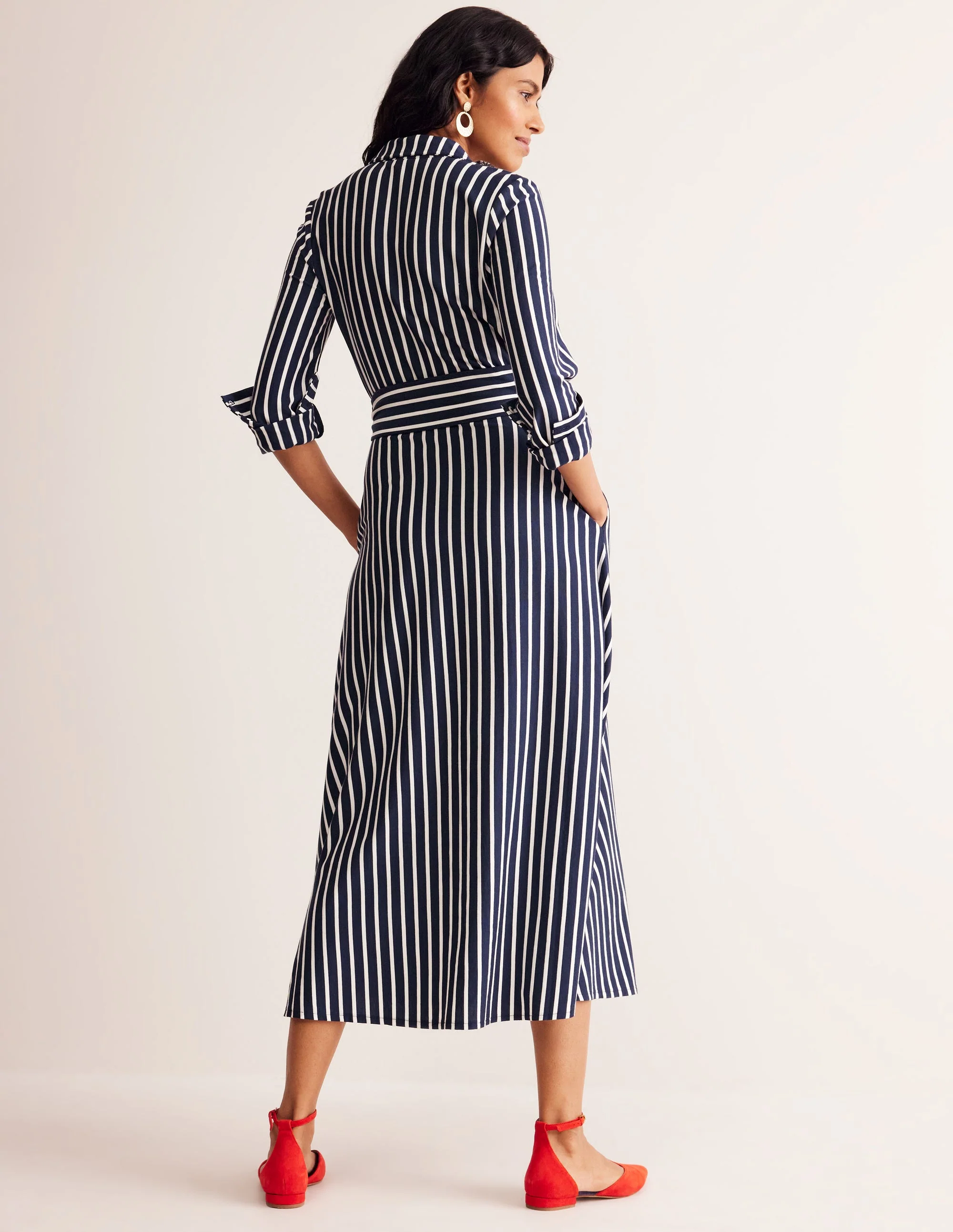 Marcia Jersey Shirt Dress-Navy, Ivory Stripe - Image 3