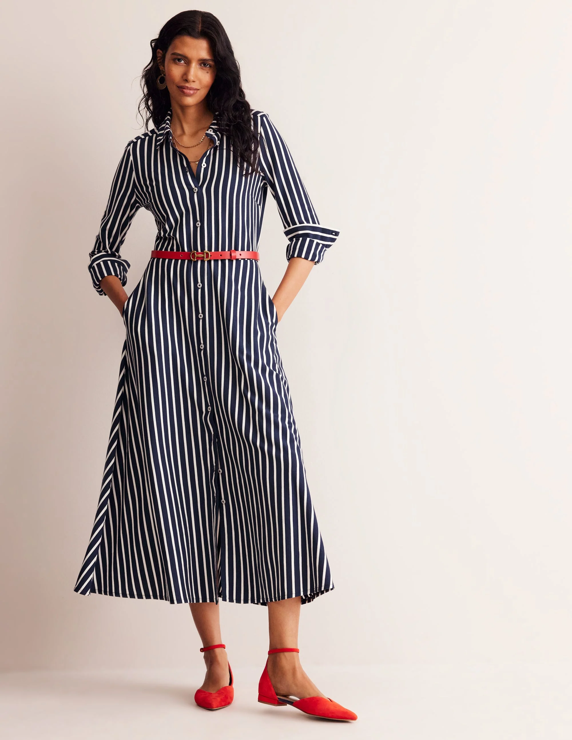 Marcia Jersey Shirt Dress-Navy, Ivory Stripe - Image 4