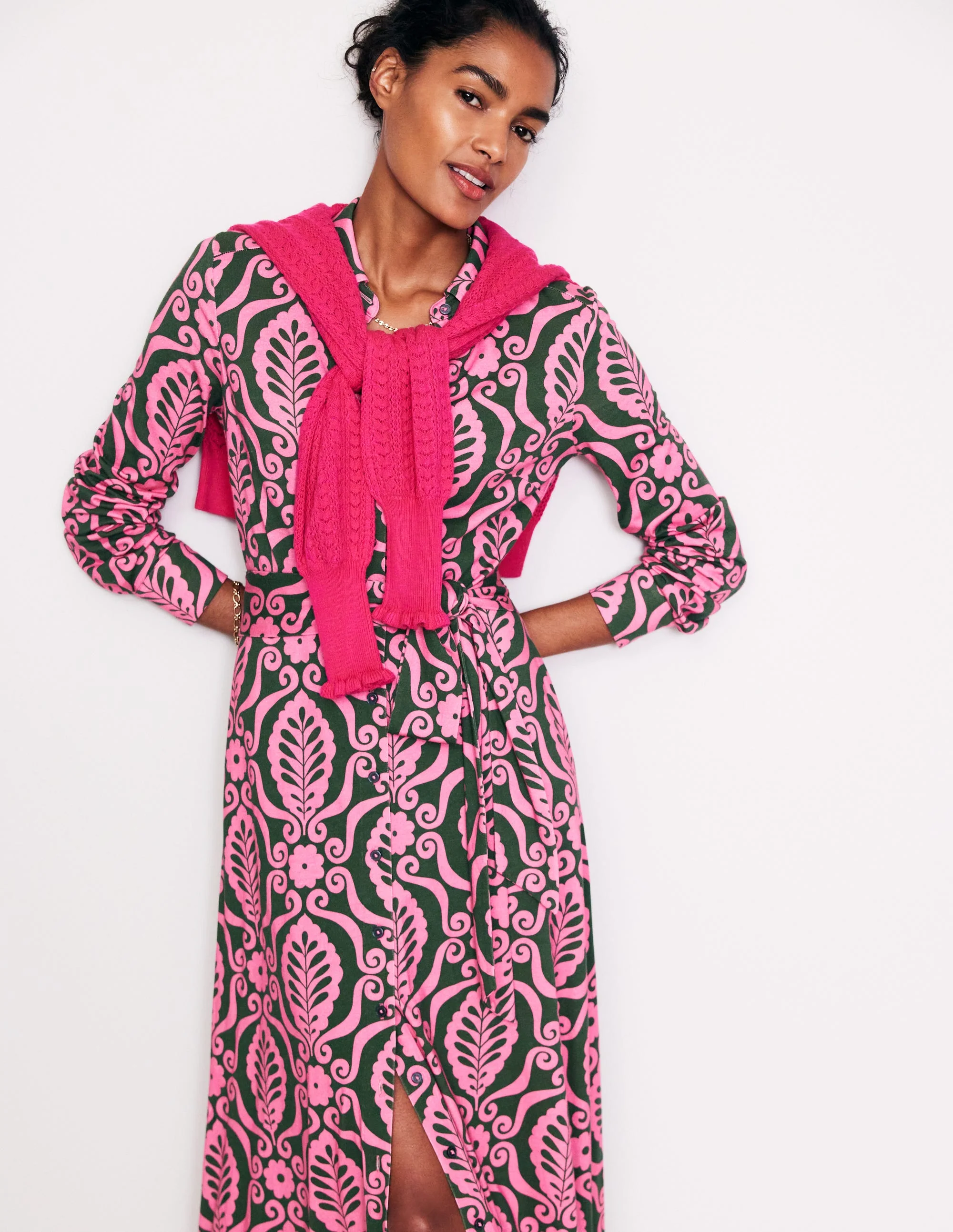 Marcia Jersey Shirt Dress-Party Pink, Foliage Stamp - Image 2
