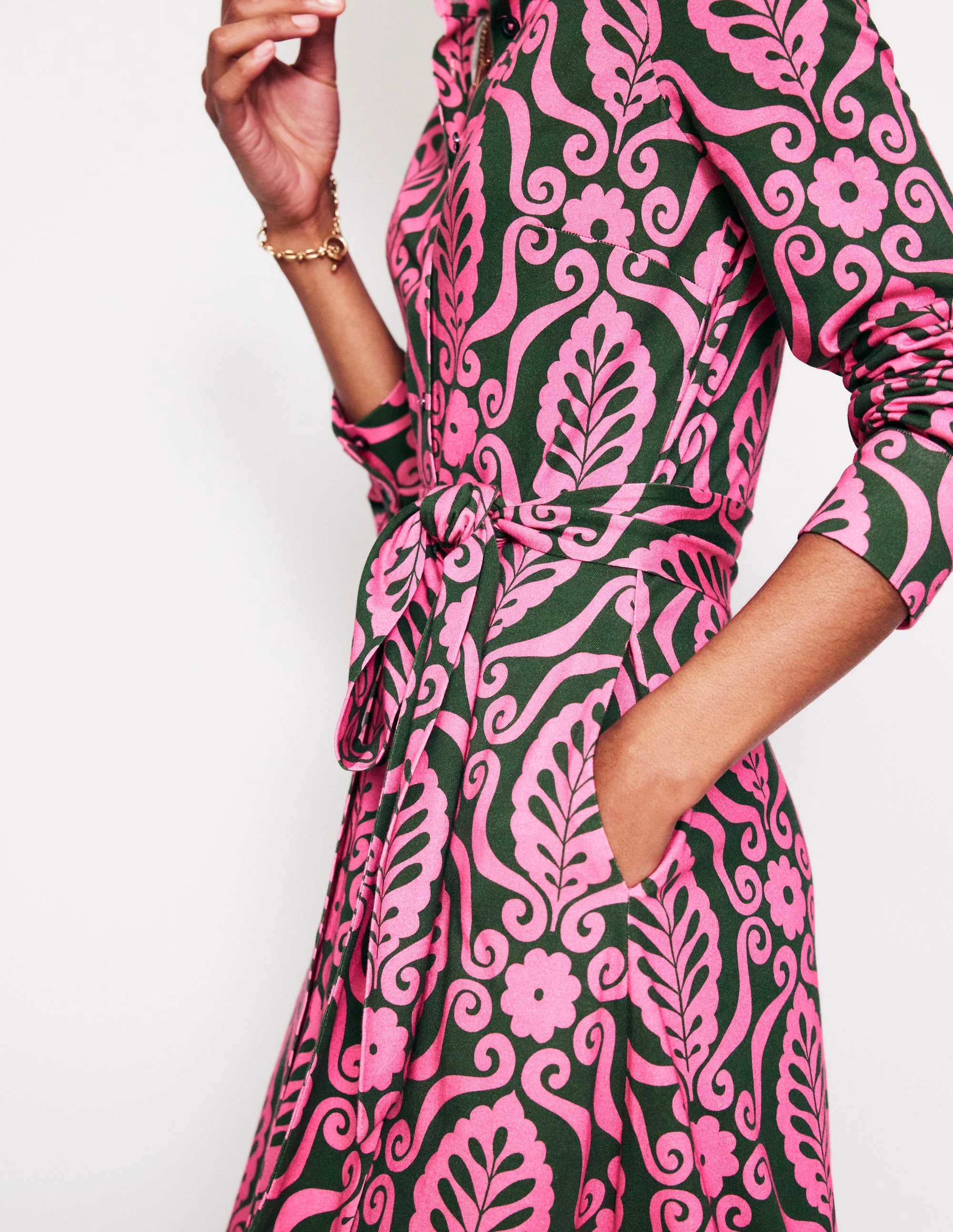 Marcia Jersey Shirt Dress-Party Pink, Foliage Stamp - Image 3
