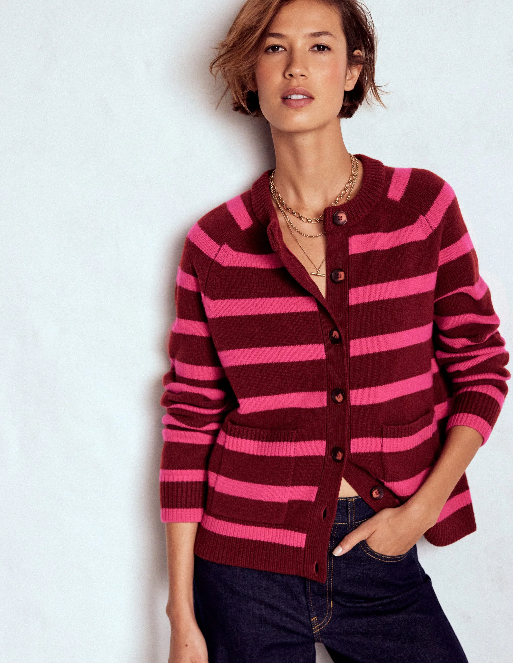 Marion Merino Cardigan-Raw Umber, Brilliant Pink