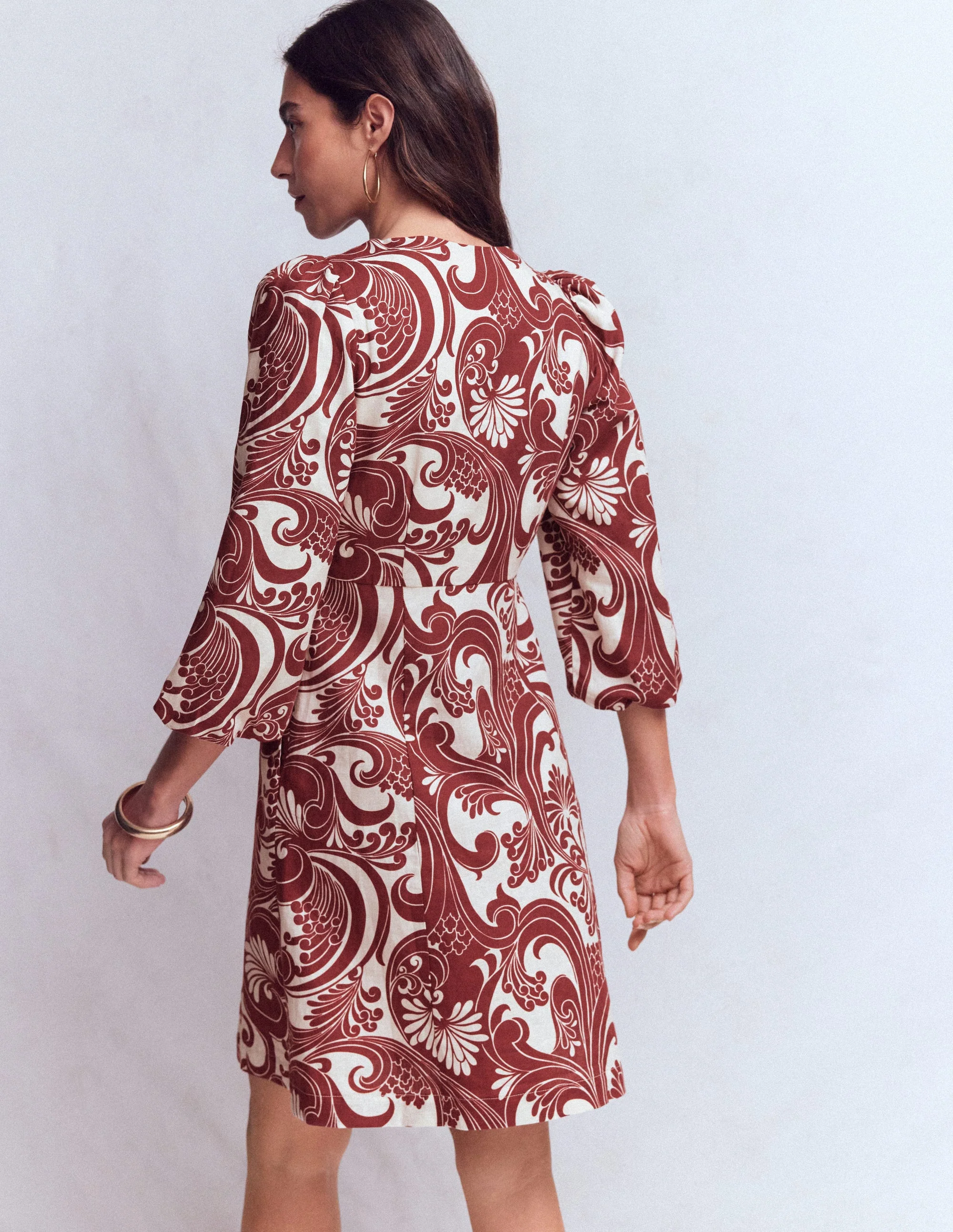Marla Linen Blend Short Dress-Brown Foliage Whirl - Image 4