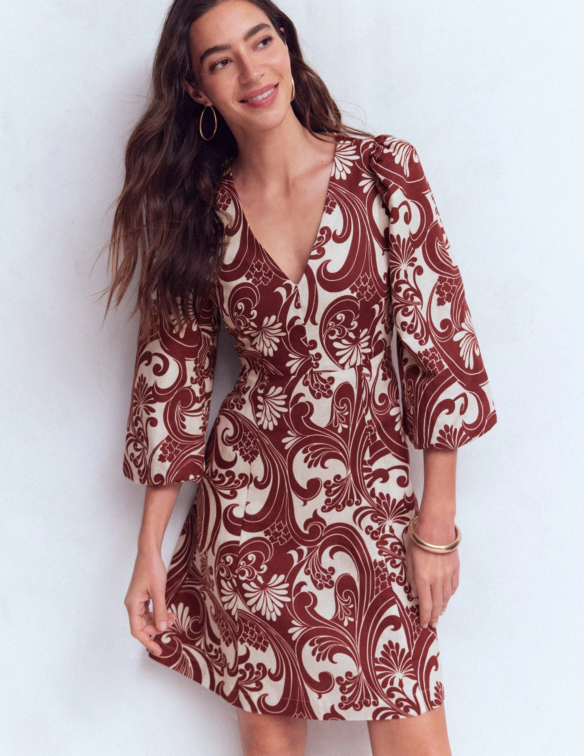 Marla Linen Blend Short Dress-Brown Foliage Whirl - Image 6