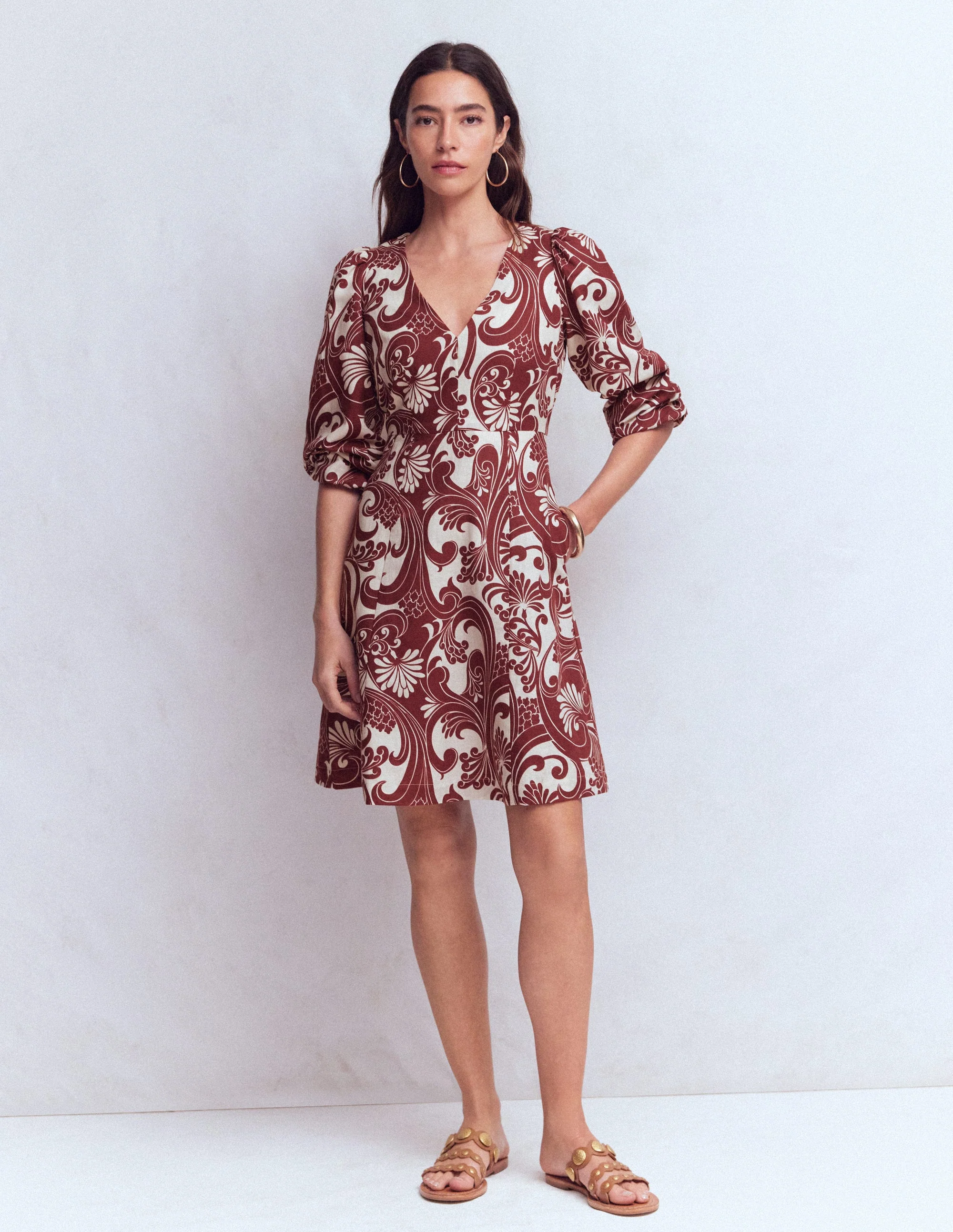 Marla Linen Blend Short Dress-Brown Foliage Whirl - Image 7