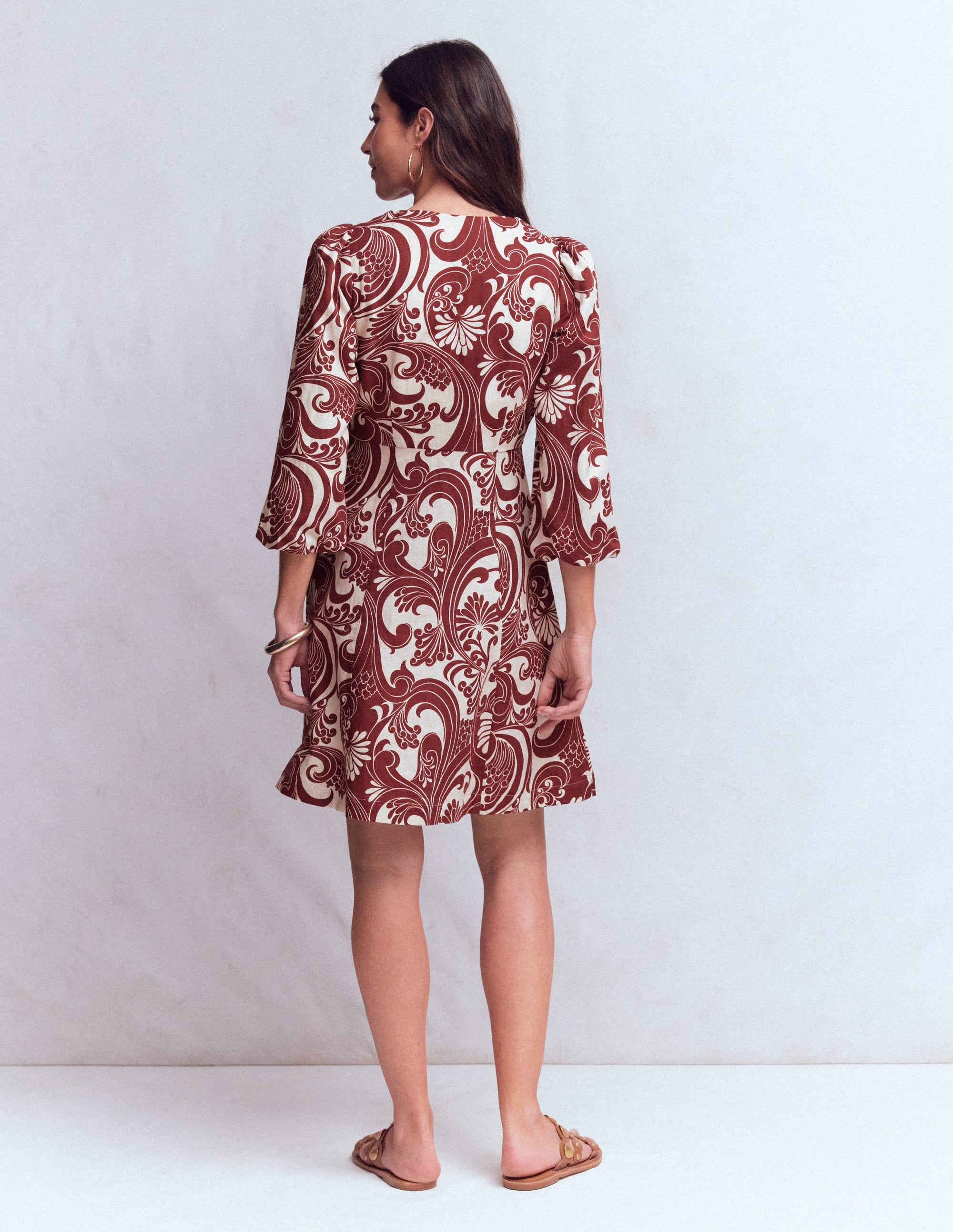 Marla Linen Blend Short Dress-Brown Foliage Whirl - Image 8