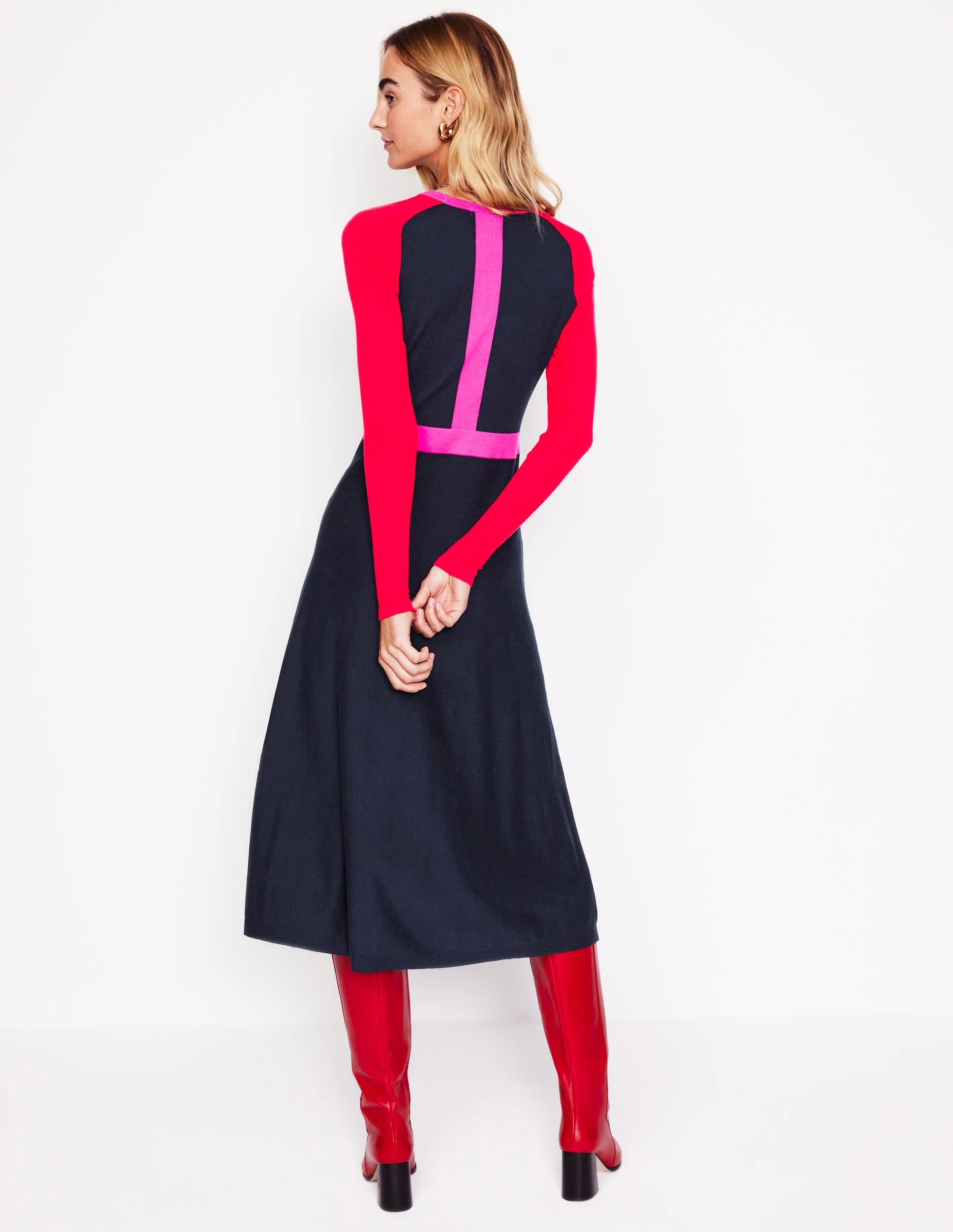 Marta Knitted Midi Dress-Navy, Rouge Colourblock - Image 3