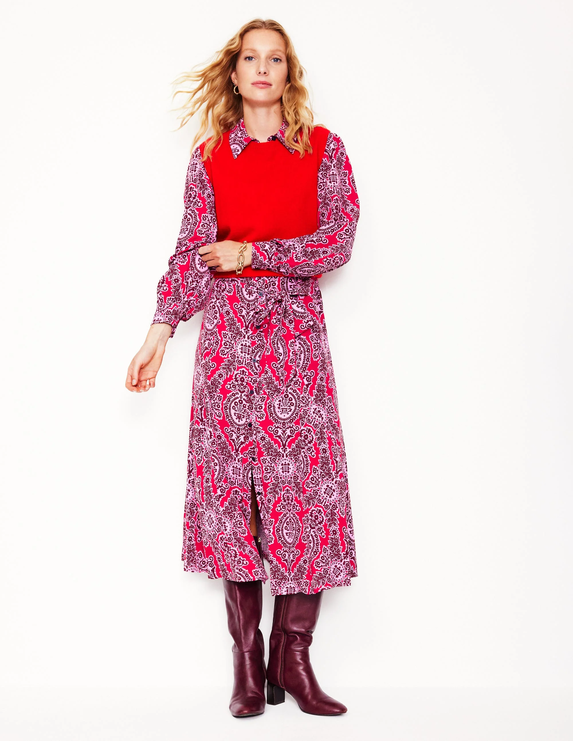 Martha Godet Maxi Shirt Dress-Bright Ruby, Opulent Vine - Image 5