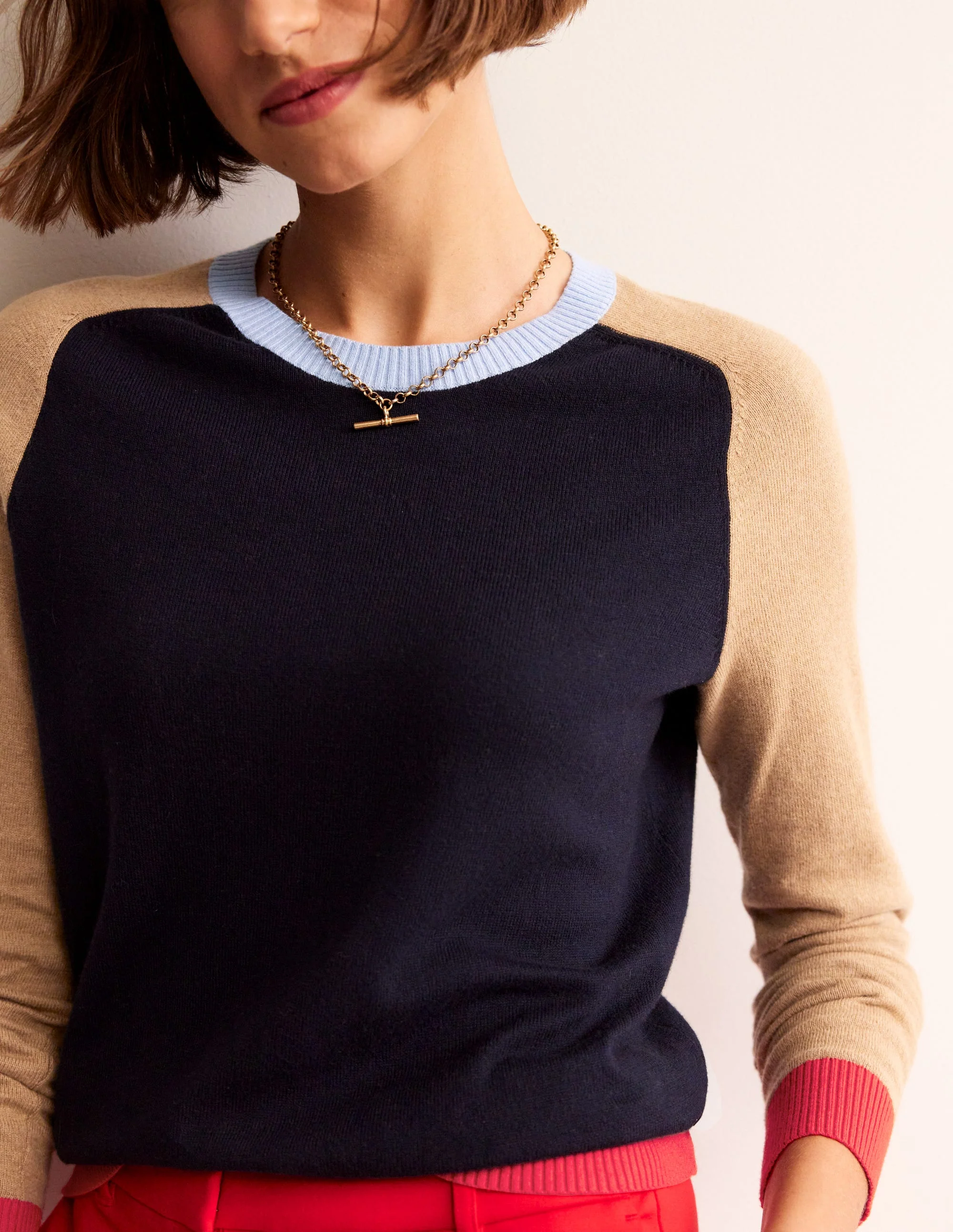 Meg Saddle Sleeve Sweater-Navy, Camel Colourblock - Image 2