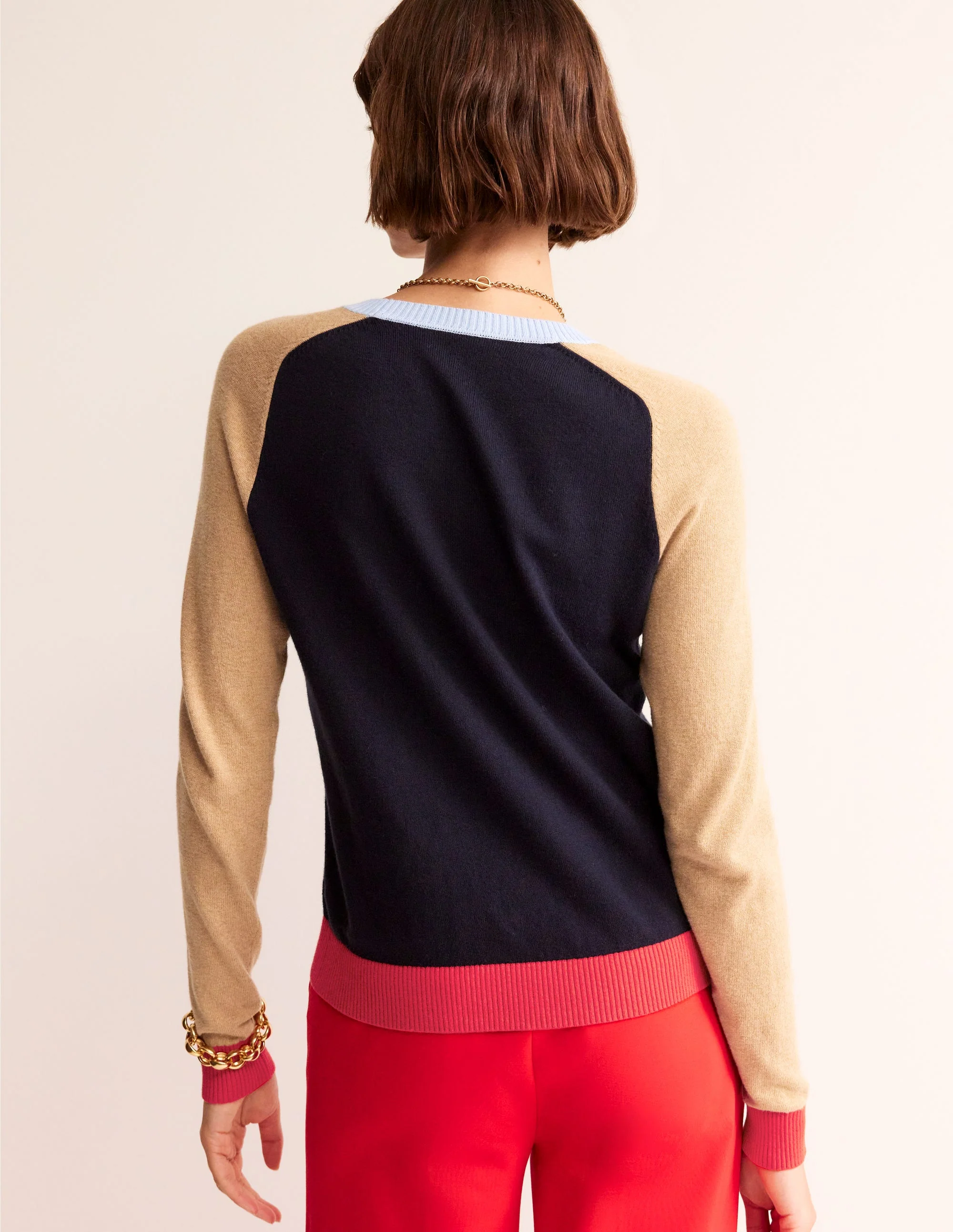Meg Saddle Sleeve Sweater-Navy, Camel Colourblock - Image 3