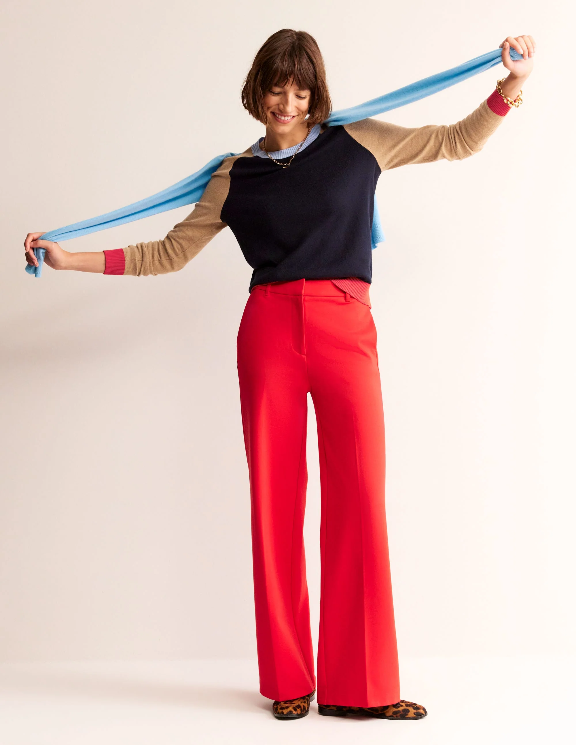 Meg Saddle Sleeve Sweater-Navy, Camel Colourblock - Image 4
